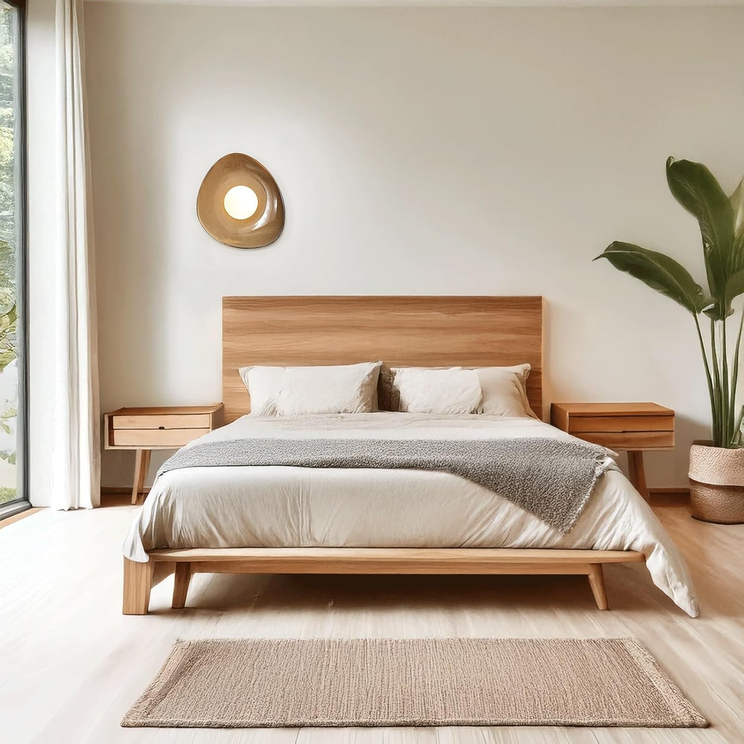 Wall Sconce Modern Artistic Ceramic Shade Wood Base Wall Light Irregular Glazed Earthy Tone Hardwired Indoor Wall Lamp Decorative Ambient for Bedroom Living Room Hallway Wall Mounted Light