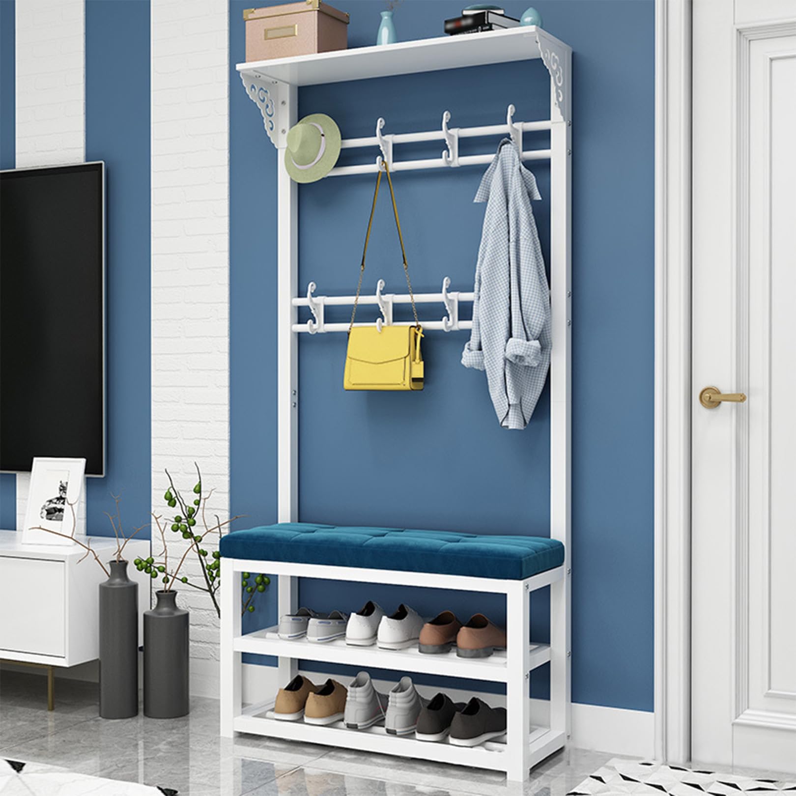 Meuble d'entrée avec banc à chaussures et porte-manteaux en bois et métal