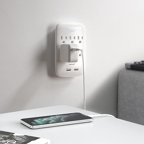Miniatura 6 de Oviitech Protector de sobretensiones de 6 tomas, adaptador de pared de 900 julios con 2 cargadores USB, puertos USB duales de 3.1 A, enchufes de
