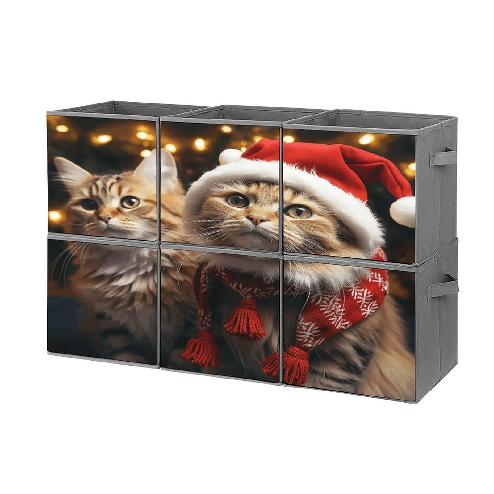 FodPand Christmas Cat Storage Bins Cubes Fabric Cube Organizer Foldable Storage Boxes Large Storage Baskets Oxford Cloth Cube Bins for Home Clothes Closet Organizers 6 Pack