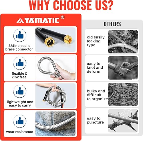 Miniatura 3 de YAMATIC Manguera de jardín de acero inoxidable de 100 pies con boquilla de pulverización de 10 patrones, manguera de agua de metal resistente, sin