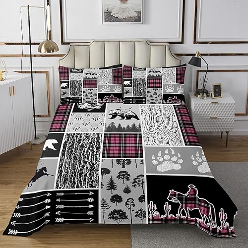 Vista 23 de Erosebridal Juego de colcha de animales del bosque, juego de colcha con temática de caza de lobos para niños y niñas Juego de ropa de cama rústica