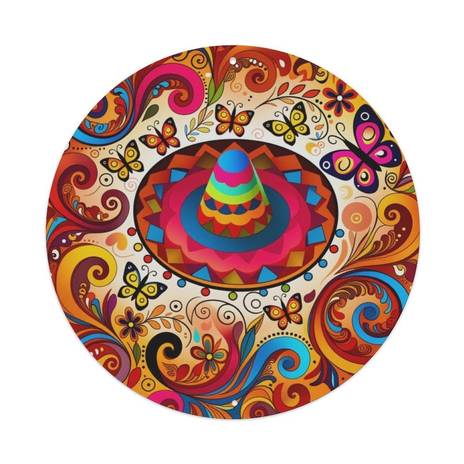 Mexican Folk Style Colorful Butterfly Floral Round Metal Tin Wall Sign Vintage Aluminium Metal Sign, Retro Wall Decor for Home, Bar, Garage & Farmhouse 20x20cm