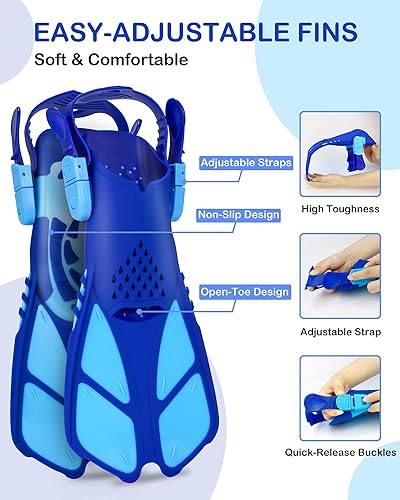 Miniatura 5 de Juego de esnórquel para niños, aletas de máscara de esnórquel panorámica+snorkel superior seco, aletas de natación ajustables, bolsa de malla,