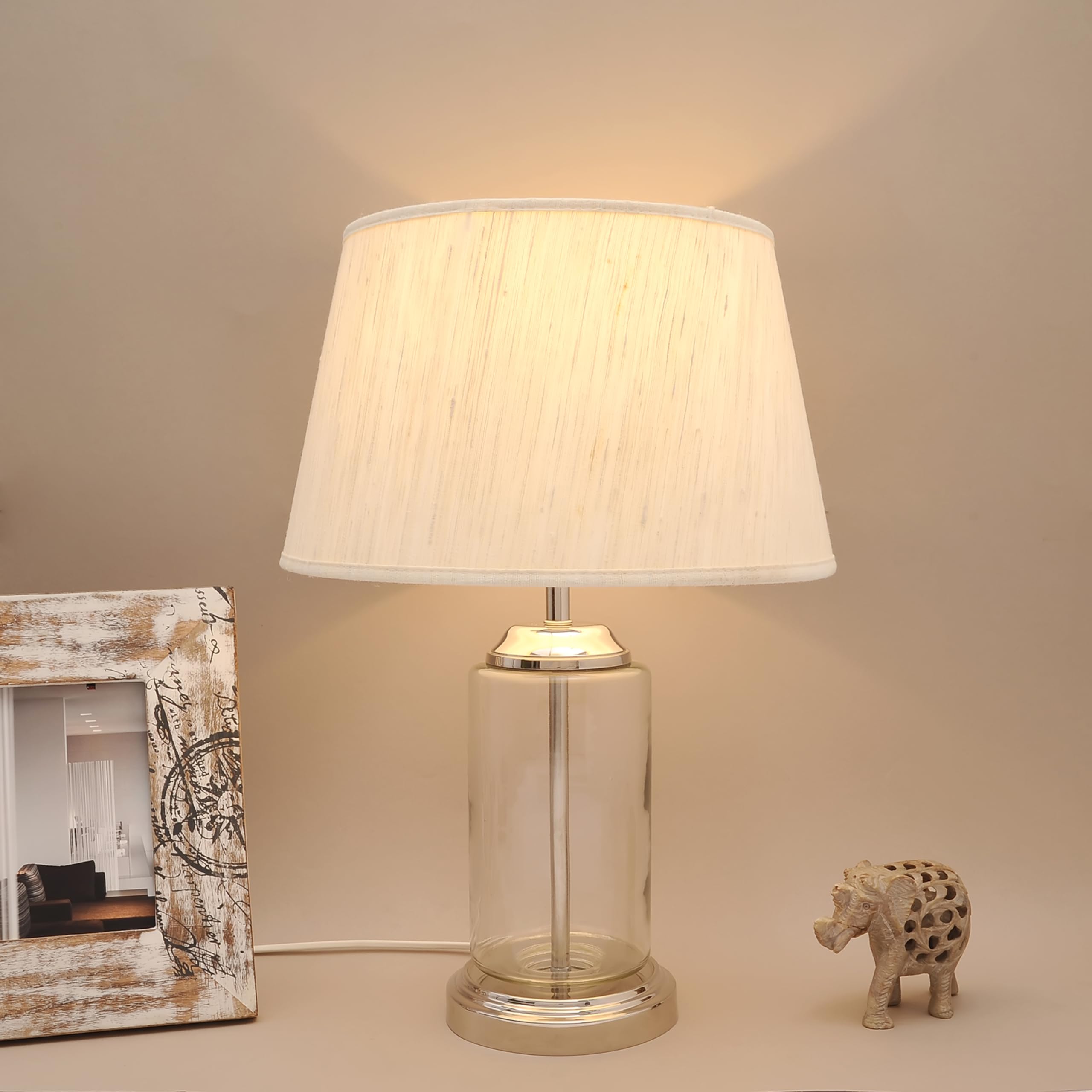 KAPOOR E-ILLUMINATIONS Duffield Clear Glass Table Lamp with Beige Cotton Shade-image-35