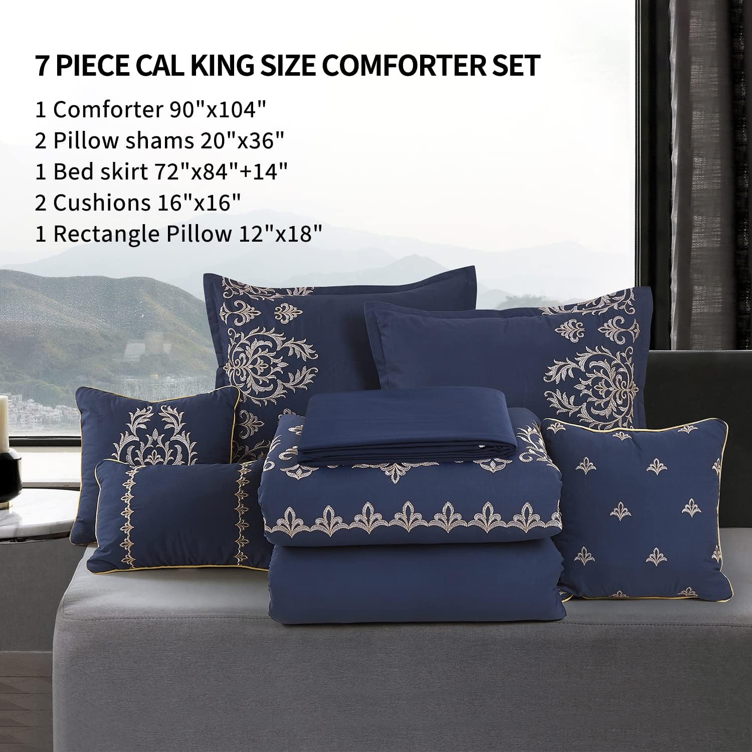 MERRY HOME Bedding Comforter Sets - Bed in A Bag California King Size Comforter Set(400GSM), 7 Pieces Comforter Set Soft and Comfortable for All Season (Navy, Cal King)