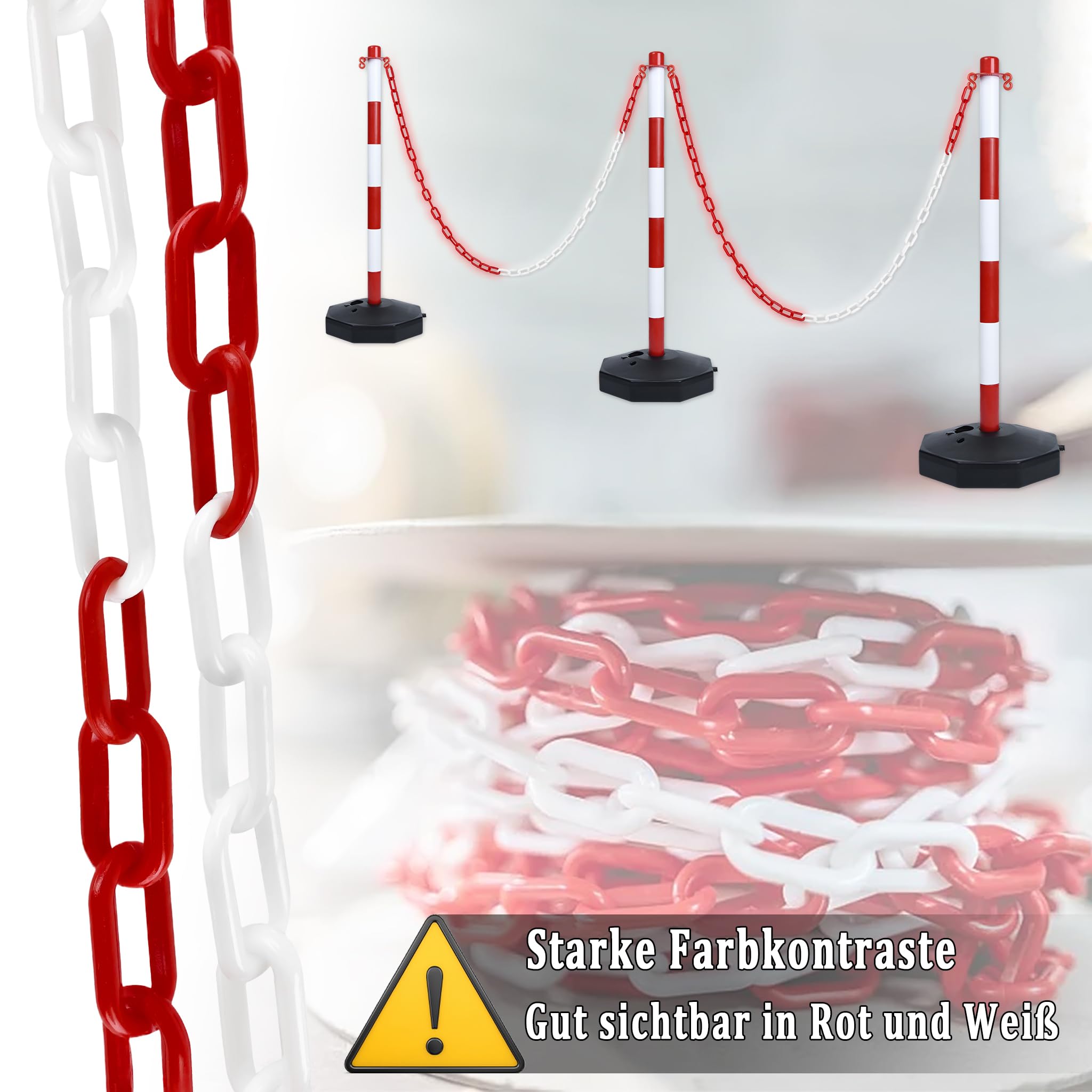 Aufun 50m Chaîne en Plastique Rouge/Blanche 6mm - Chaîne de Sécurité en Plastique pour Avertissement, Visible et Solide, Idéale pour la Fermeture de Zones, Barrière de Parking