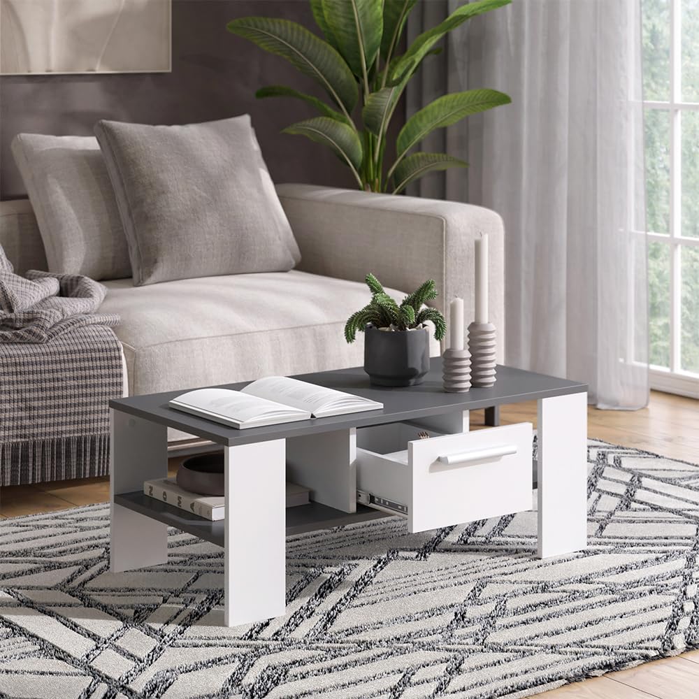 Vicco Couchtisch Wilmut, Anthrazit/Weiß, 89.8 x 46.4 cm | mit Schublade, Ablagefläche für Zeitschriften und Fernbedienungen