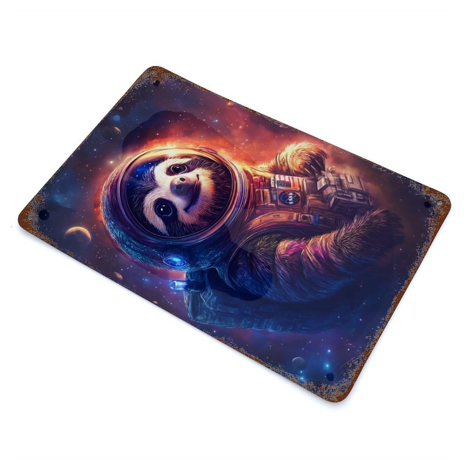 Distressed Metal Wall Sign Space Explorer Sloth 11.8"x7.9", Retro Wall Decor for Basement, Hobby Room And Garage Decor