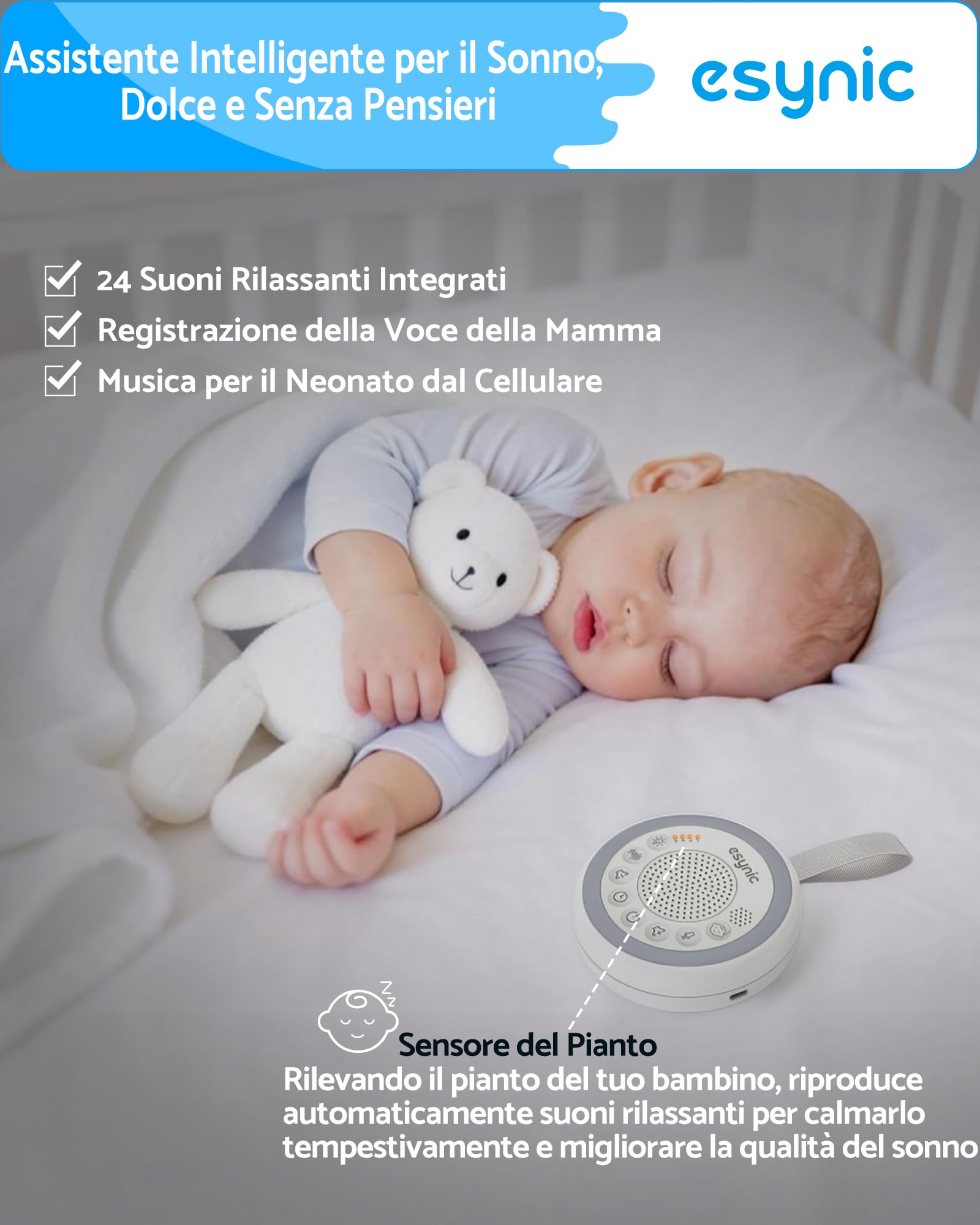 eSynic Macchina Rumore Bianco con Rilevamento del Pianto, 24 Suoni Rilassanti, Luce Notturna Colorata Regolabile, Durata 60+ Ore, Funzione Timer e Memoria, con Ciondolo per Lettino Passeggino Auto