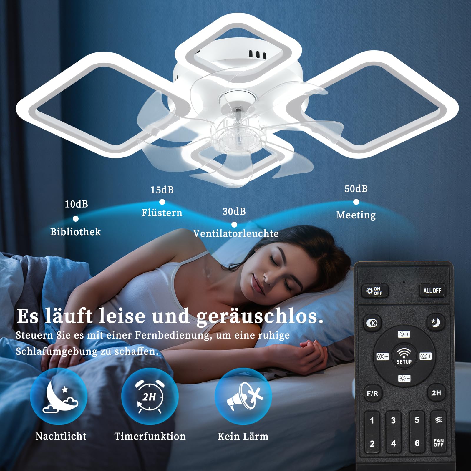 MiiR Deckenventilator Mit Beleuchtung,65W Deckenlampe Mit Ventilator Und Fernbedienung,Dimmbar Lampe Mit Ventilator,6-Gang,Speicherfunktion Deckenventilator Mit Licht Für Schlafzimmer Wohnzimmer,Weiß