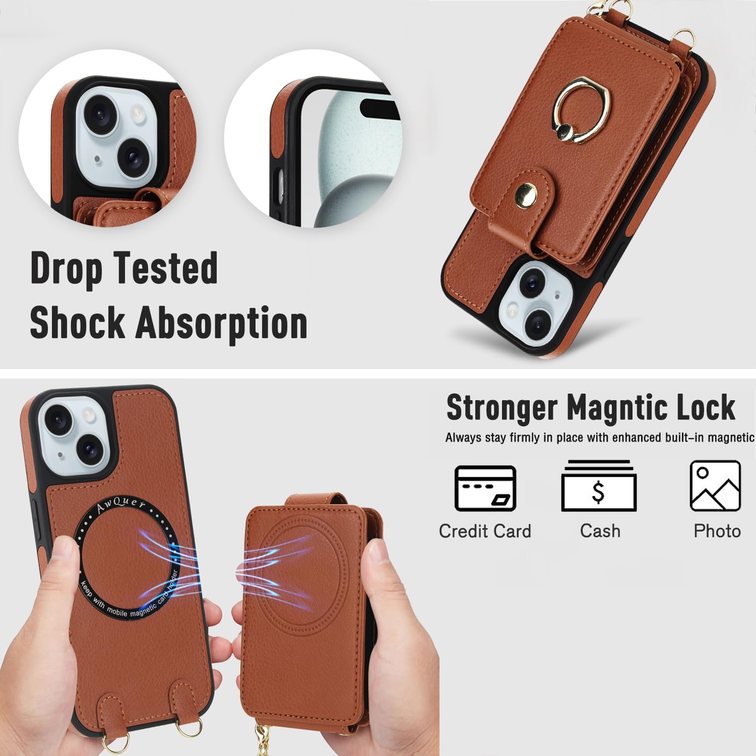 Custodia a portafoglio per iPhone 13/14 da 6,1 pollici, protezione dello schermo rimovibile, con anello, cavalletto a tracolla, compatibile con MagSafe RFID Blocking iPhone13 iPhone14, per donne e