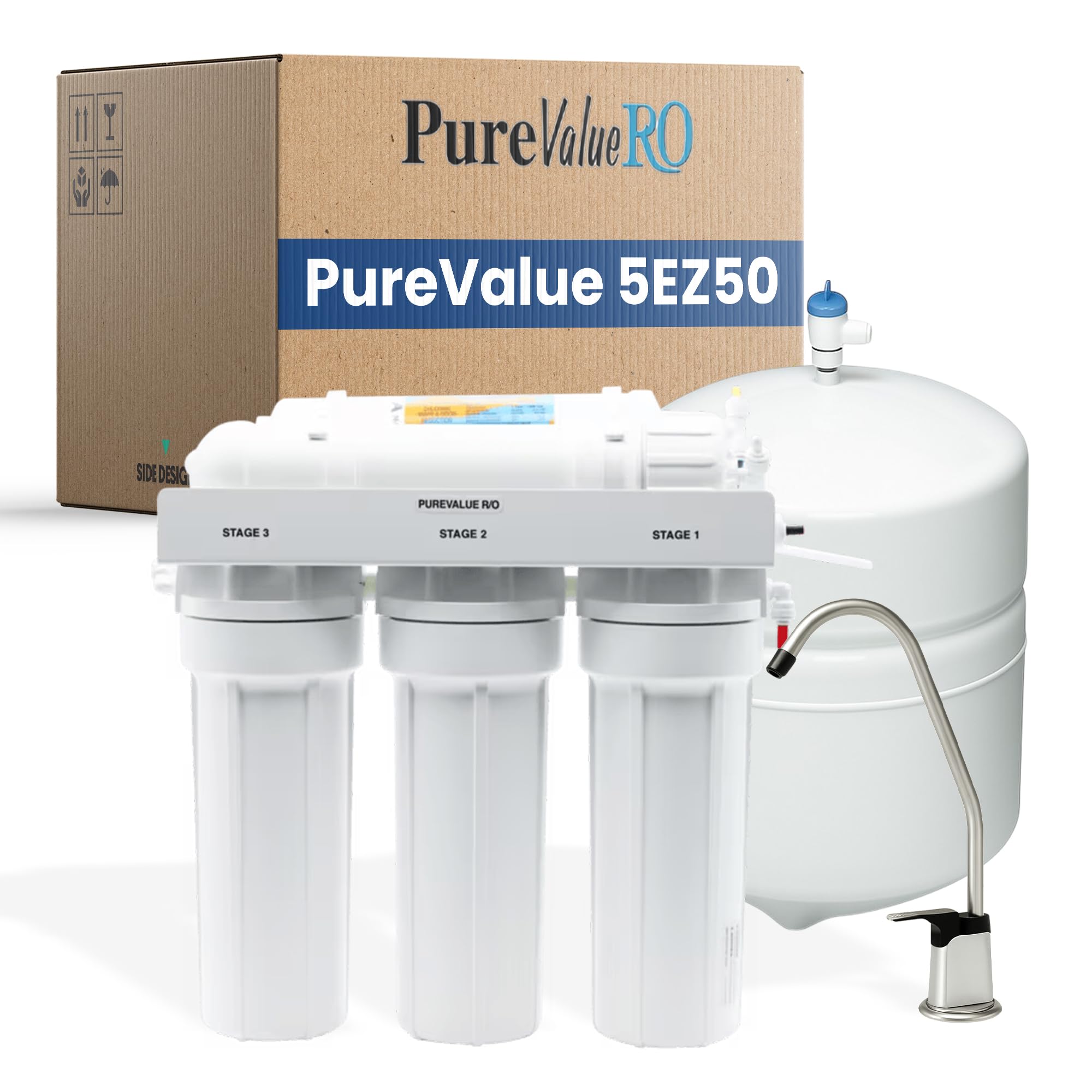 PureValue 5EZ50 Reverse Osmosis System - 5-Stage RO Water Filtration System for Under Sink Filter, 50 GPD RO Drinking Water with Dual Carbon Block,
