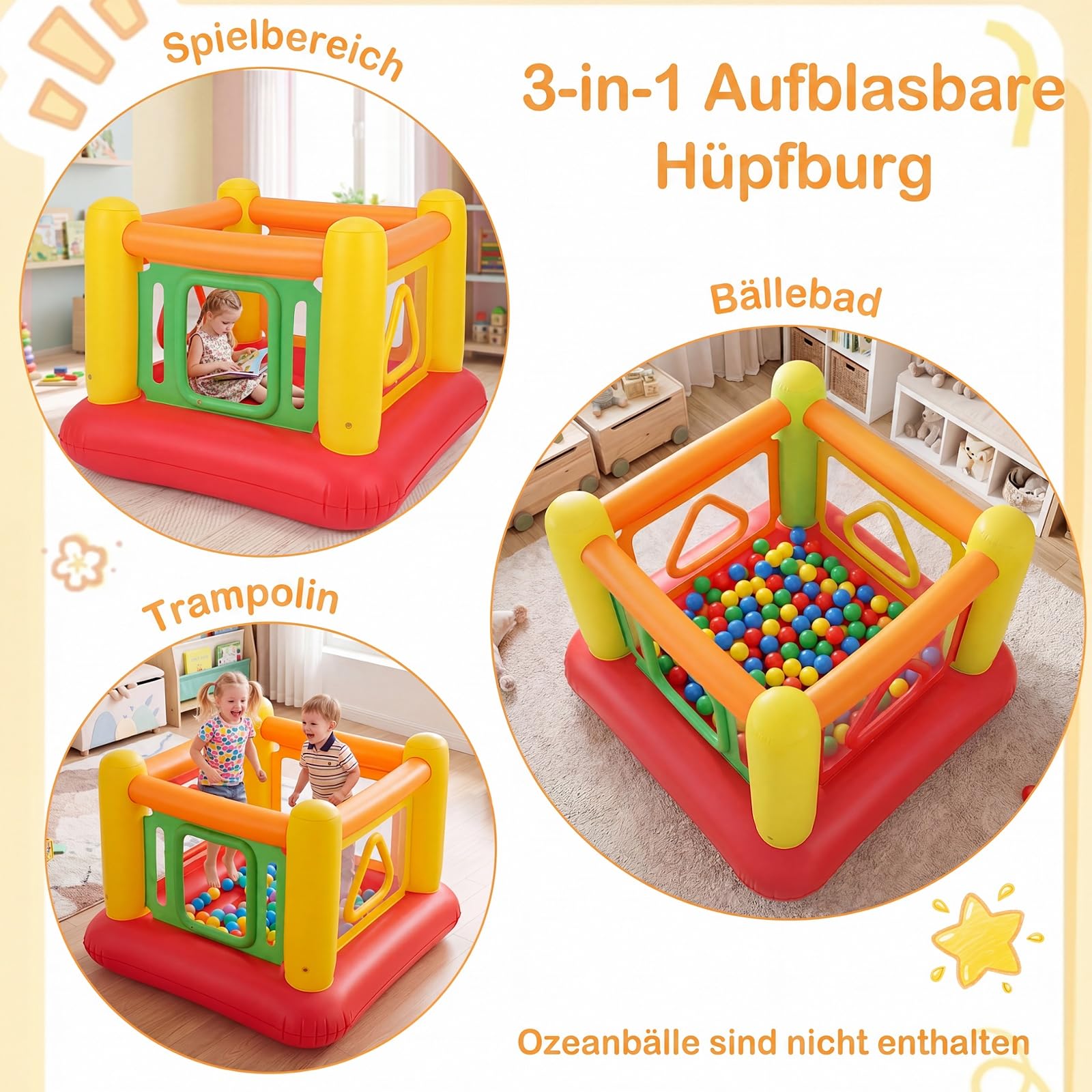 COSTWAY Hüpfburg, Bouncy Castle mit 4 Türen für Kinder, 160 x 160 x 125 cm (Rot + Gelb)