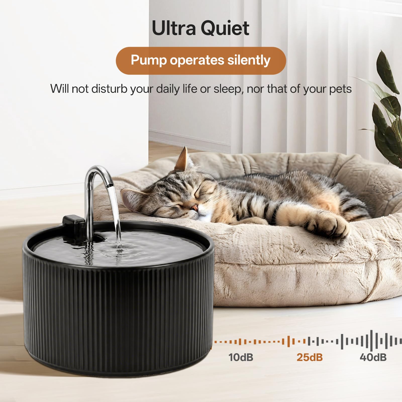 Fuente para gatos de cerámica: VinDox 2,2 L para gatos, cerámica, dispensador de agua silencioso para mascotas con filtro de carbón activo, diseño sencillo, fuego a altas temperaturas de cerámica