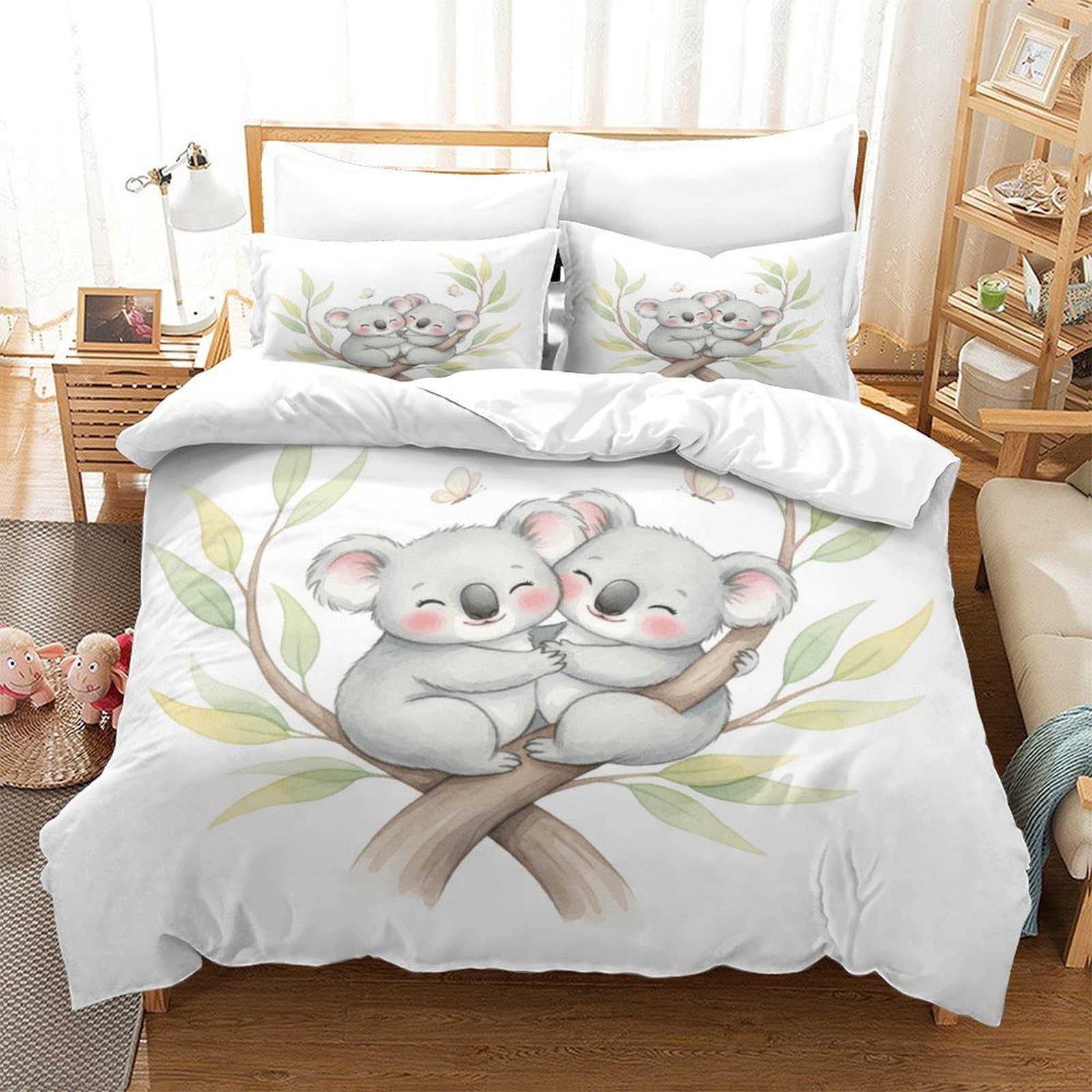 süßes Koala-Pärchen 3D Bedruckt Bettdeckenbezug 3teilig Mikrofaser leichtgewichtig Aquarellillustration Bettbezug 2 Kissenbezüge hautfreundlich Erwachsene Familie Super King（260x220cm）