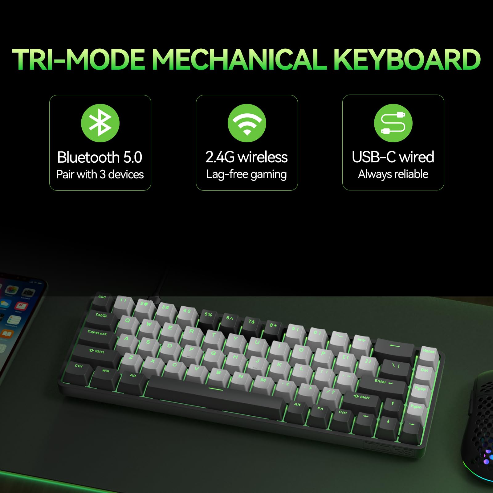 Clavier Mécanique Sans Fil Bluetooth 68 Touches - Touches Interchangeables (Multicolore)