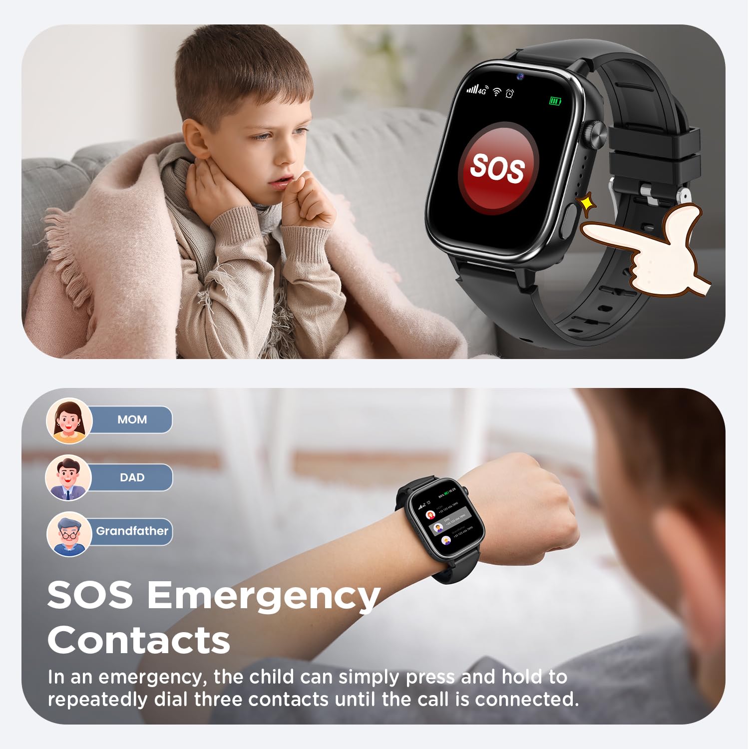 Nouvelle 4G Montre Connectée Enfant avec Appel Vidéo & GPS, IP68 Étanche Smartwatch avec SOS, SMS Chat Vocal, Mode École, Podomètre, Réveil, Suivi du Sommeil, Cadeau pour Garçons et Filles Noir