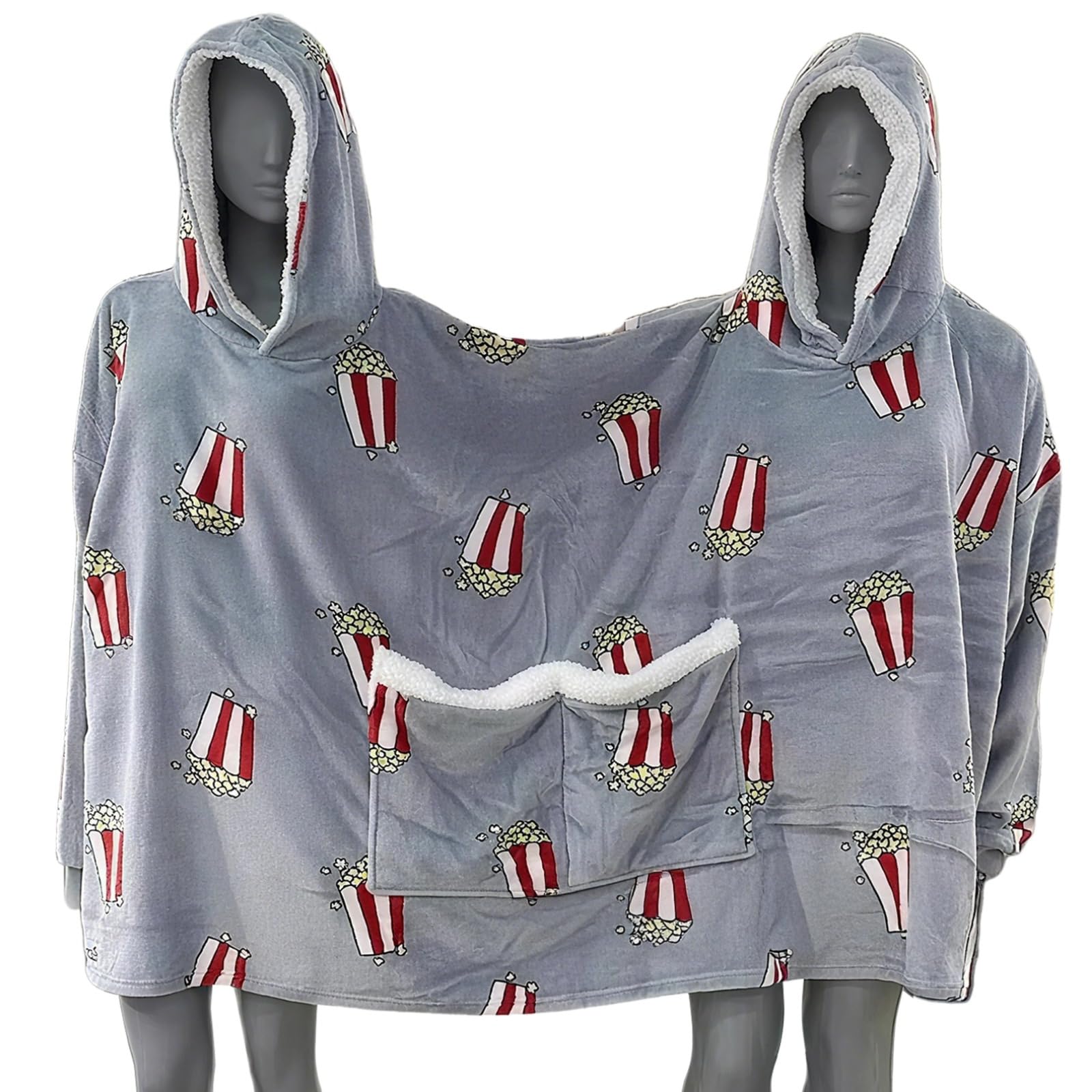 Coperta con cappuccio e tasca condivisa, felpa con doppio cappuccio con stampa popcorn, pigiama abbinato, regalo per coppie o amici