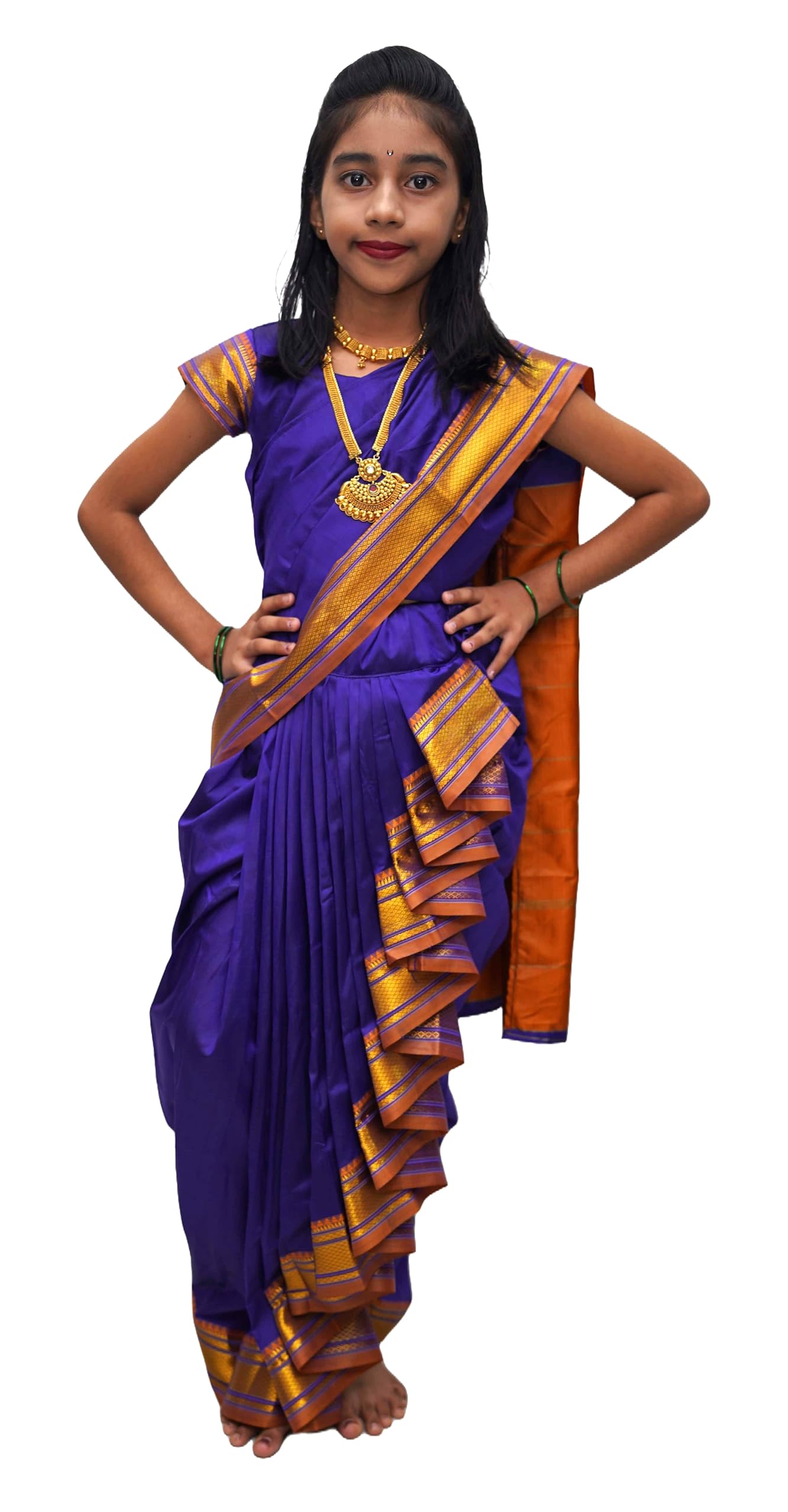 LUSTER Girl's Belgaon Silk Nauwari Saree (8-9 Years, Navy Blue) 2