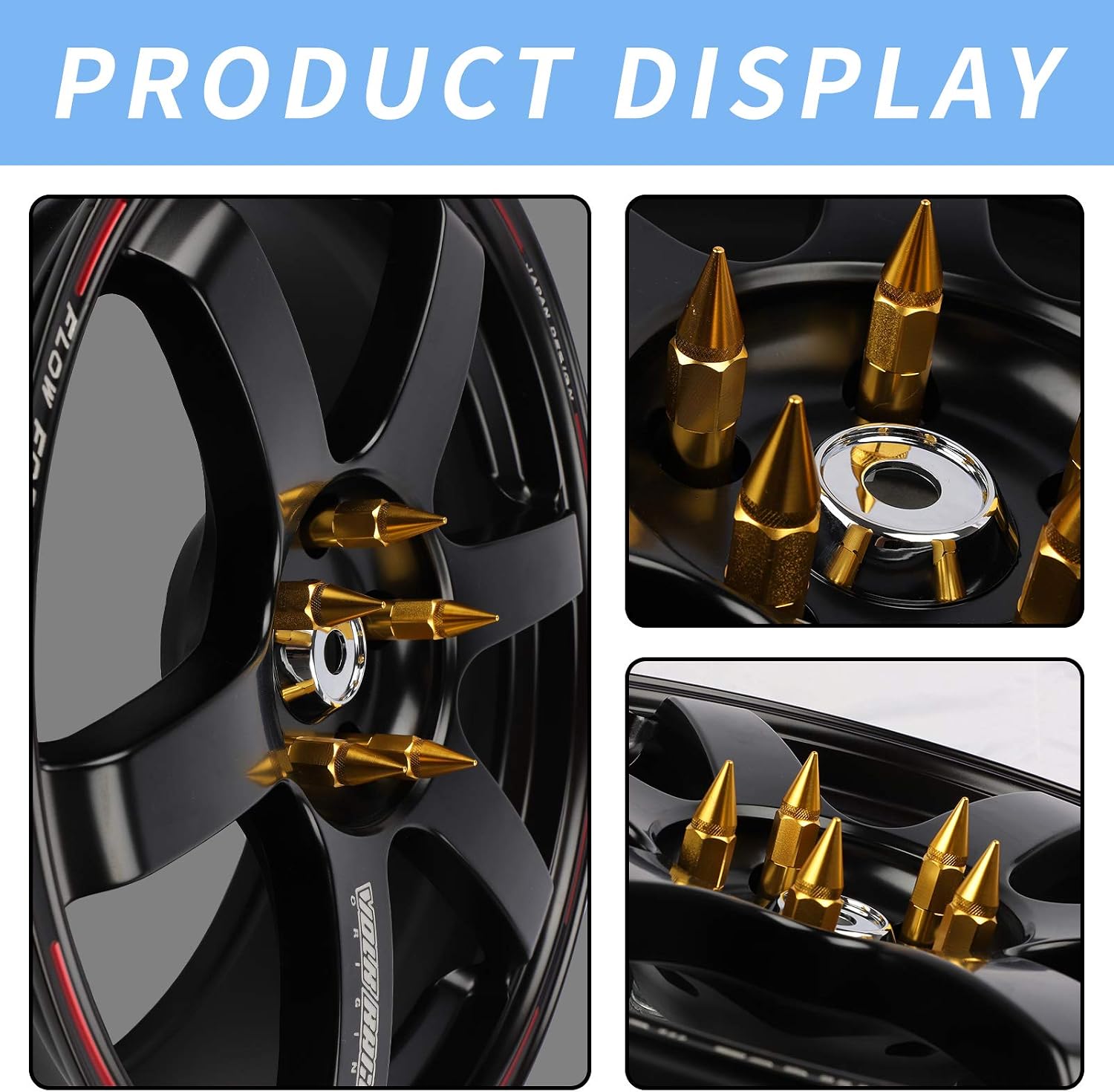 M12X1.5 Spiked Nuts for Rims Aluminum Extended Tuner Lug Nuts 20PCS 60MM (Gold)