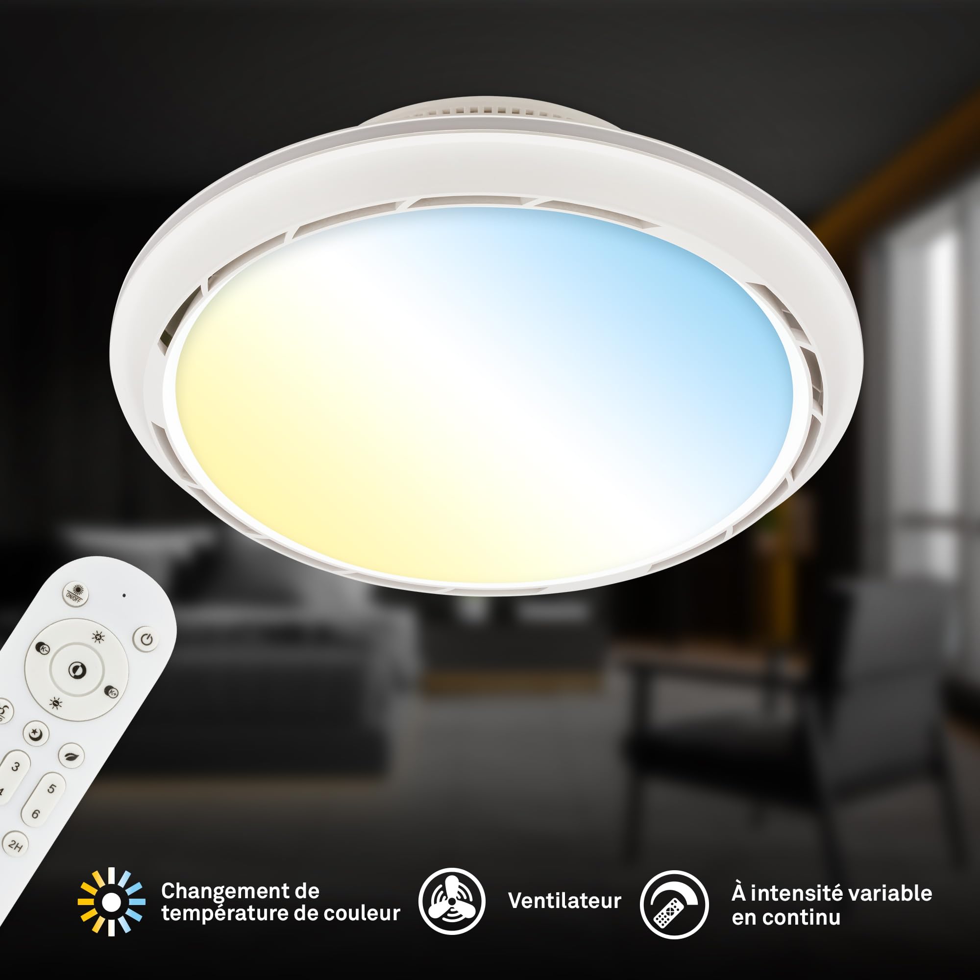BRILONER - Plafonnier ventilateur de plafond LED avec éclairage, télécommande, 6 vitesses, CCT et intensité réglable, plafonnier LED ventilateur, salon, 44x17,5 cm, noir, blanc