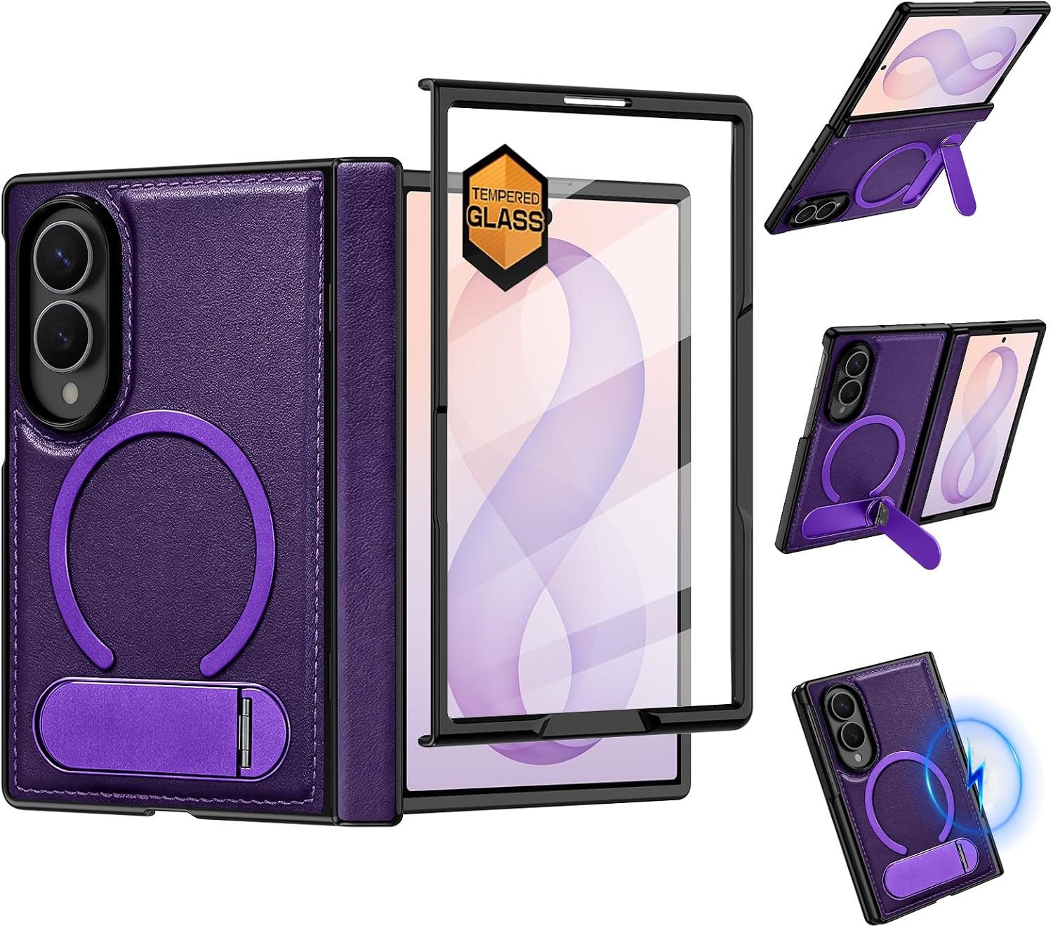 for Galaxy Z Fold 8 Case with Leather,[Compatible with MagSafe][Built-in Screen Protector][360° Rotatable Metal Stand] Hinge Protection Cover for Samsung Galaxy Z Fold 8,All Purple