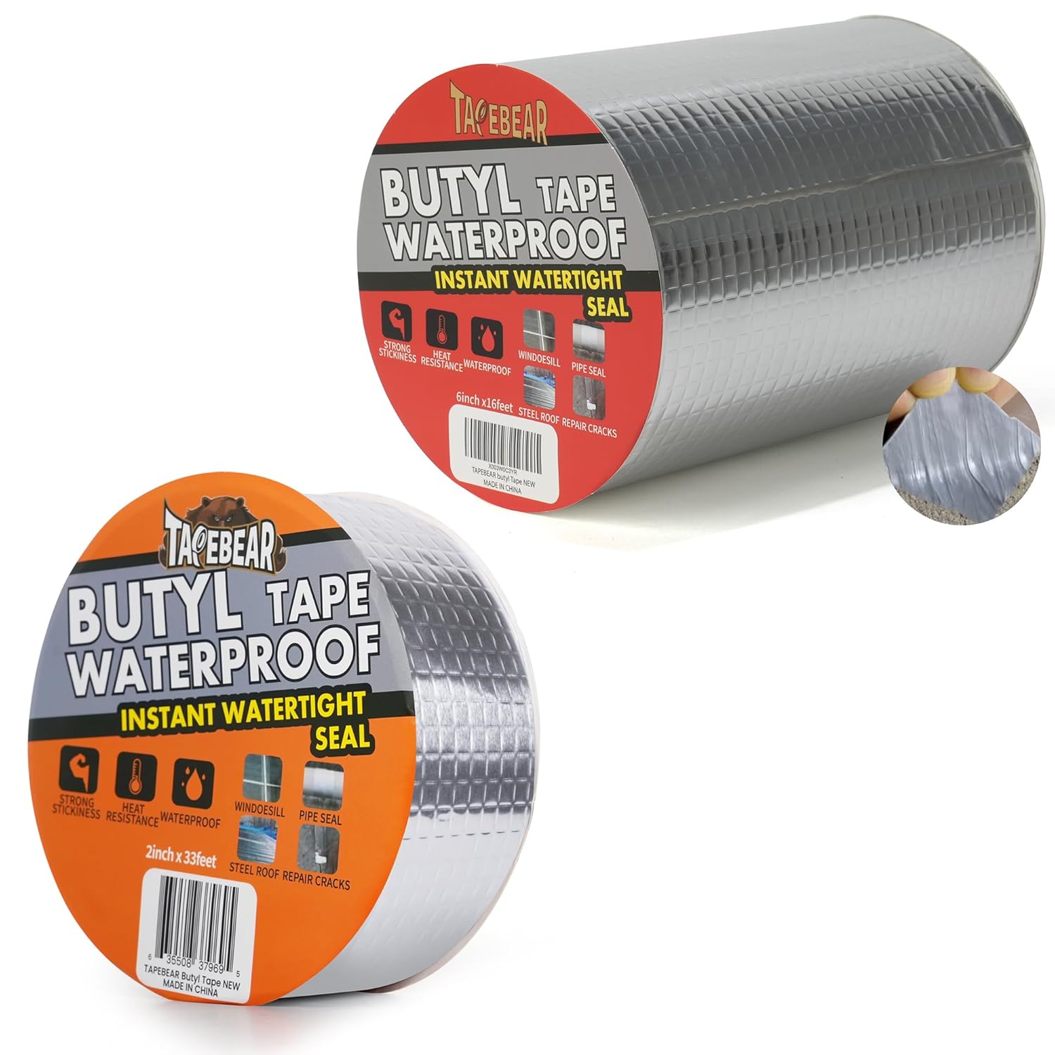 TAPEBEAR Upgraded Butyl Tape Waterproof Sealant Tape 2inch x33feet + Butyl Tape Waterproof Sealing Tape 6inch x16feet, Aluminum Foil Tape Heavy Duty for RV Repair, Awning, Window, Glass & EDPM Roof Le