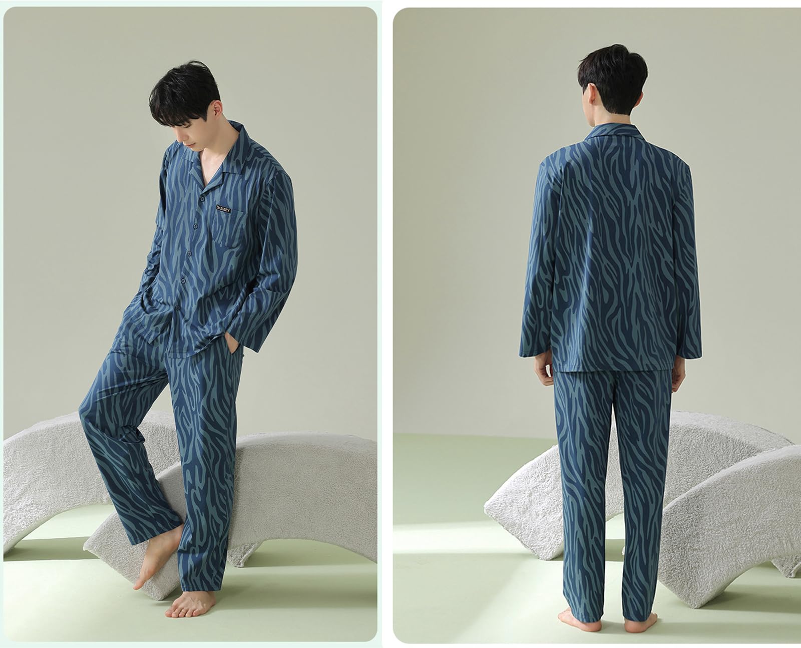 Pigiama Uomo Imposta Cotone 2 Pezzi Manica Lunga Pjs Set Pulsante Up Pigiameria