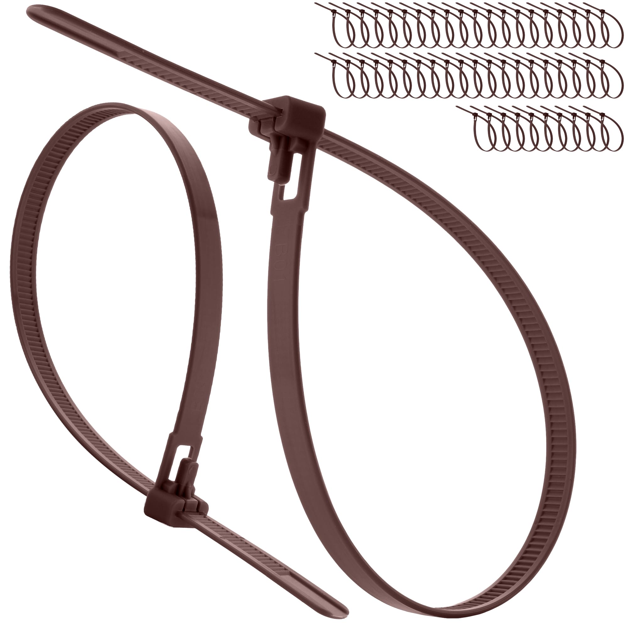 On1shelf Releasable Cable Ties 7.2mm x 300mm Brown, 50 Pack Heavy Duty Reusable Zip Ties, Adjustable Removable Nylon PA66 Tie Wraps for Garden, Fencing & Cable Management