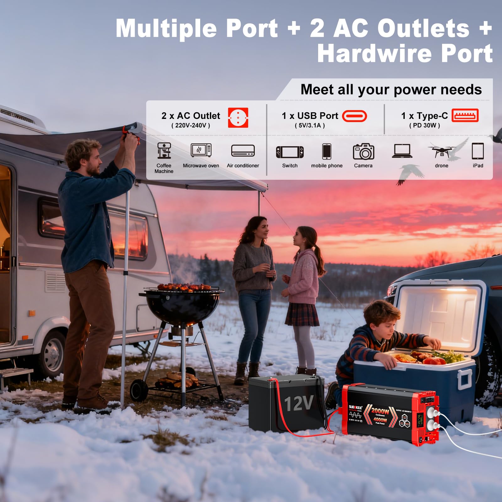 SUDOKEJI 2000W/4000W Wechselrichter Reiner Sinus Spannungswandler 12V auf 230V EU-Steckdose mit LCD Bildschirm und Fernbedienung,USB-Port für Kfz LKW Camping