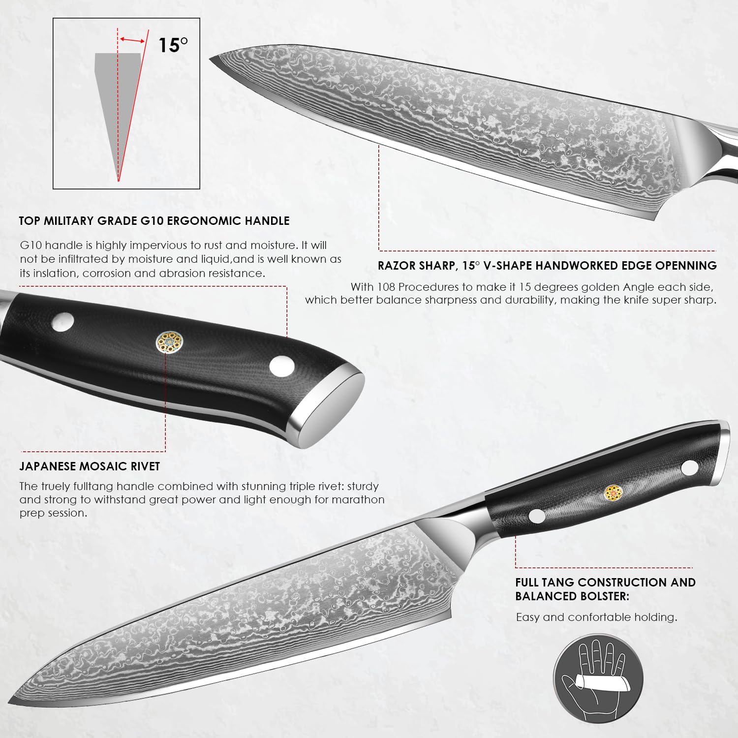 Home Safety Cuchillo de chef de damasco, Japones profesional de Acero Damasco de 67 Capas, de 20cm, Mango de Material G10