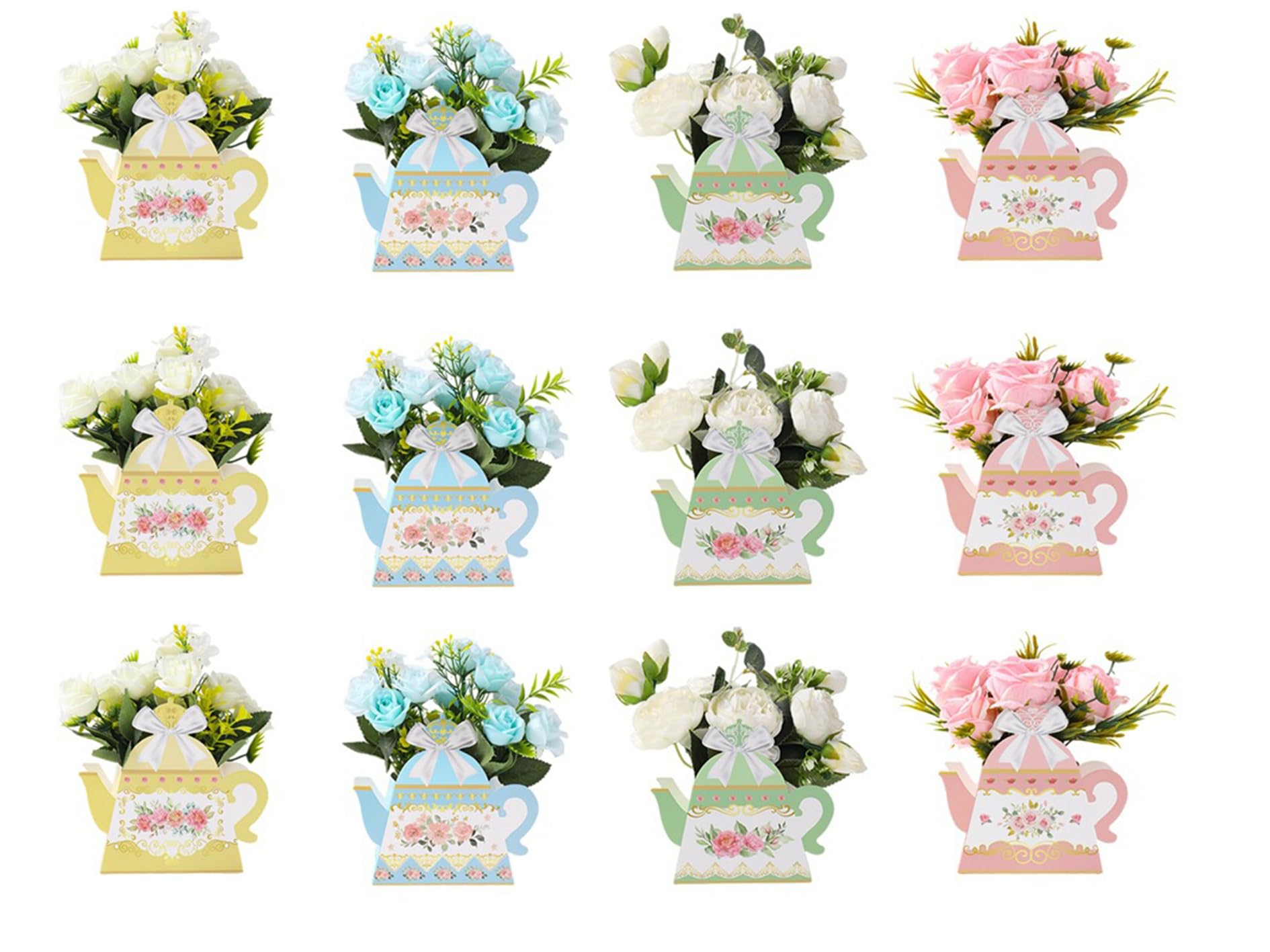 Guijinhao 12pcs Small Size Tea Party Decorations Party Supplies Flower Boxes Floral Teapot Centerpiece for Birthday Wedding Supplies Paper Candy Treat Boxes (C56-12)