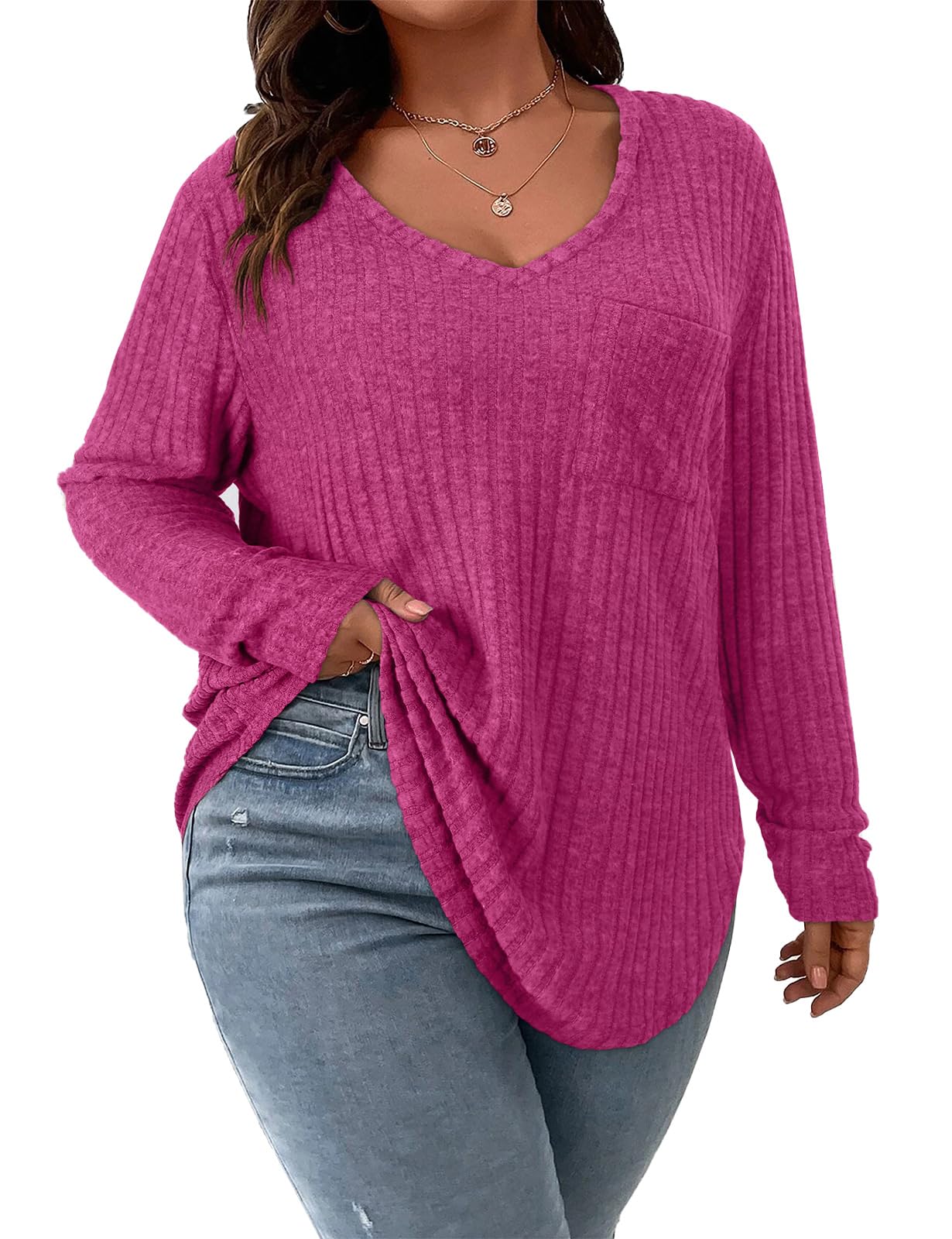 Koscacy Women Plus Size Casual Knit Sweater with Pocket V Neck Solid Color Tops Lightweight Long Sleeve Blouses