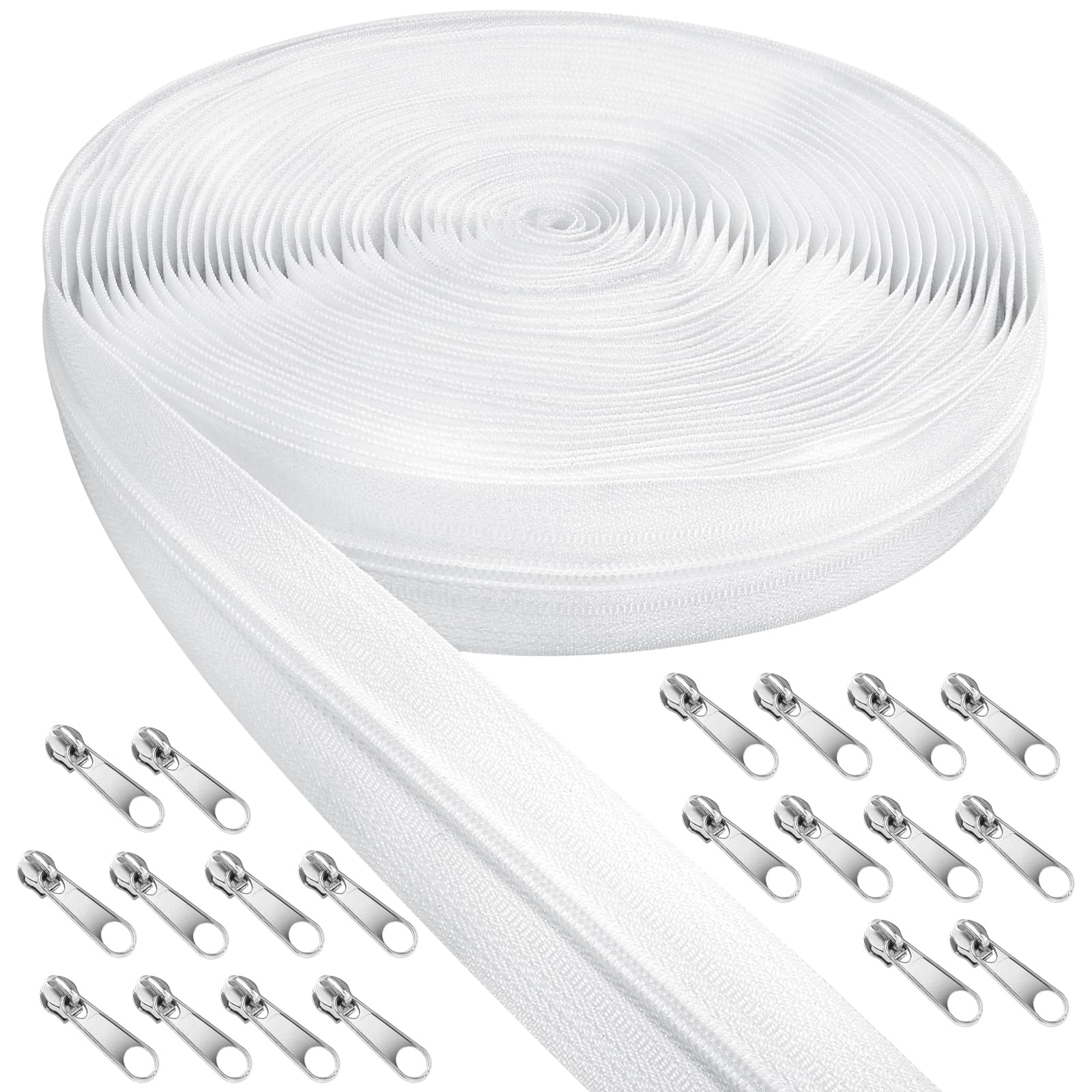White Zips for Sewing, 5mm 10m Nylon Zips for Sewing and 20 Metal Zipper Pulls for Clothing, Bags, Pencil Cases, Bedding - White