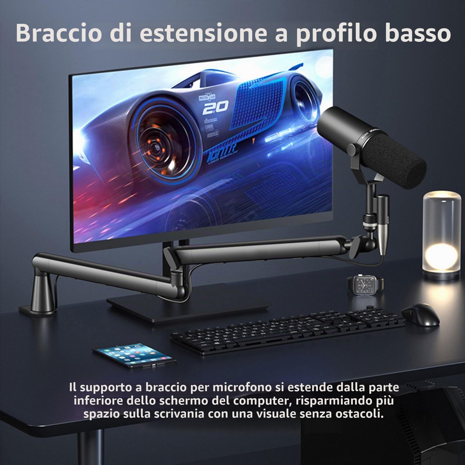 Braccio del microfono, Supporto per Micro a Basso Profilo per Podcasting e streaming, Completamente Regolabile a 360°, per Blue Yeti, Snowball iCE, HyperX QuadCast,SoloCast,Elgato Wave