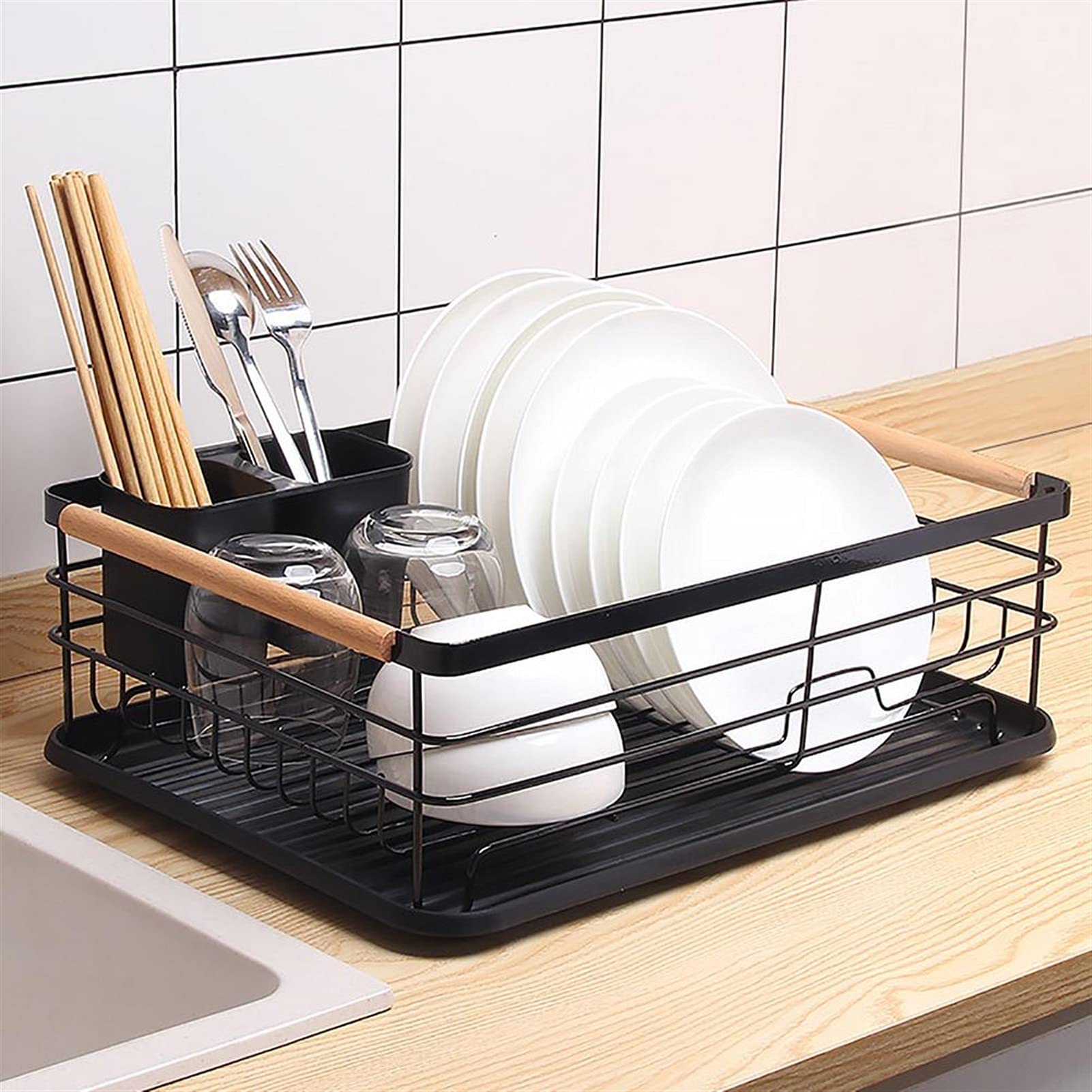Küchen-Geschirrtrockner Single Layer Dish Rack Küchenorganisator Lagertablagerung Schwarz Trocknungsplatte Regal Abnehmbare Teller Korb Küchenzubehör Multifunktionaler Abtropfständer