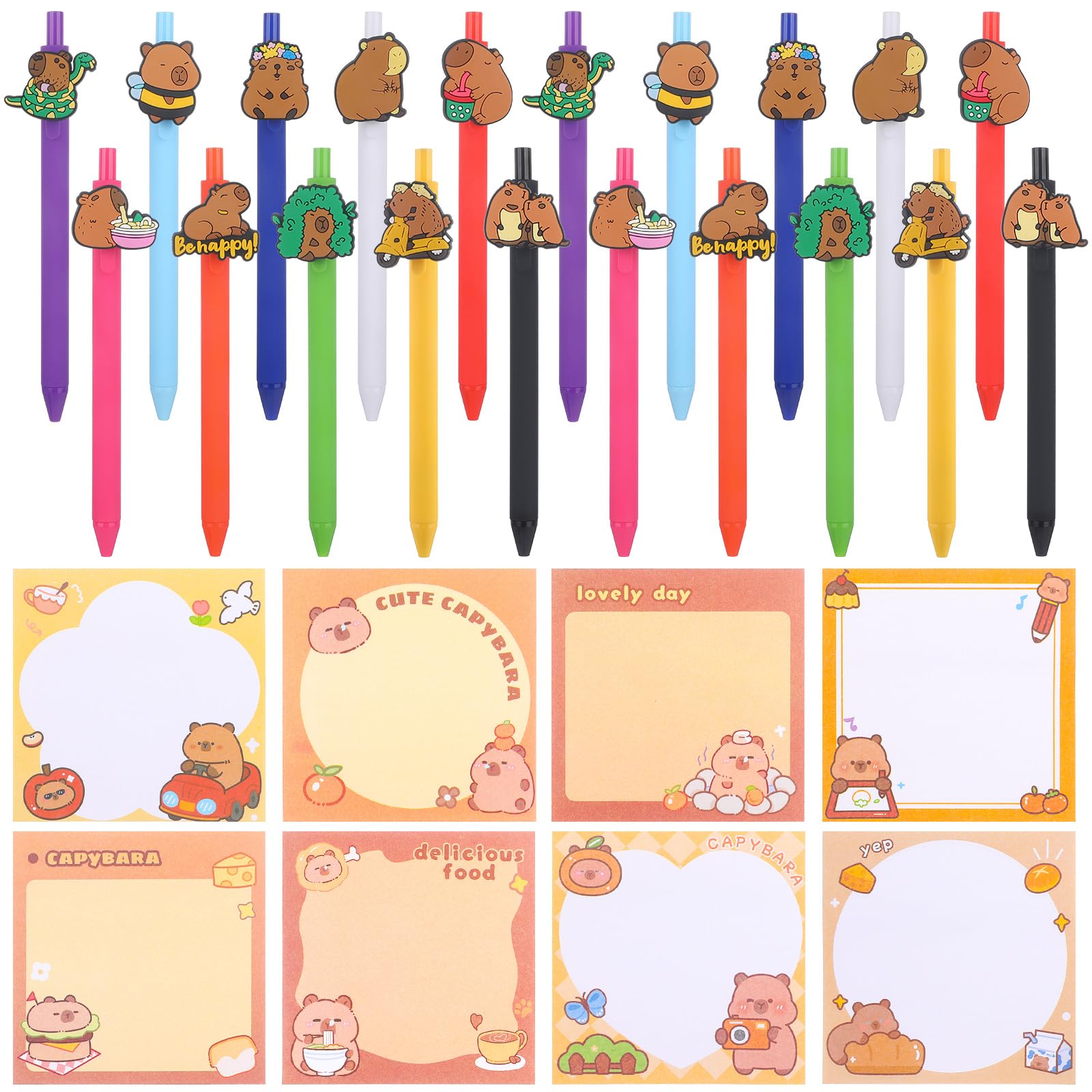 YXSJAS 20 Capybara Stationery Sets Funny Pens with Capybara Theme Capybara Pen Set Cute Cartoon Pens Capybara Ballpoint Pen Sticky Note For Birthday Back to School Decoration Gifts