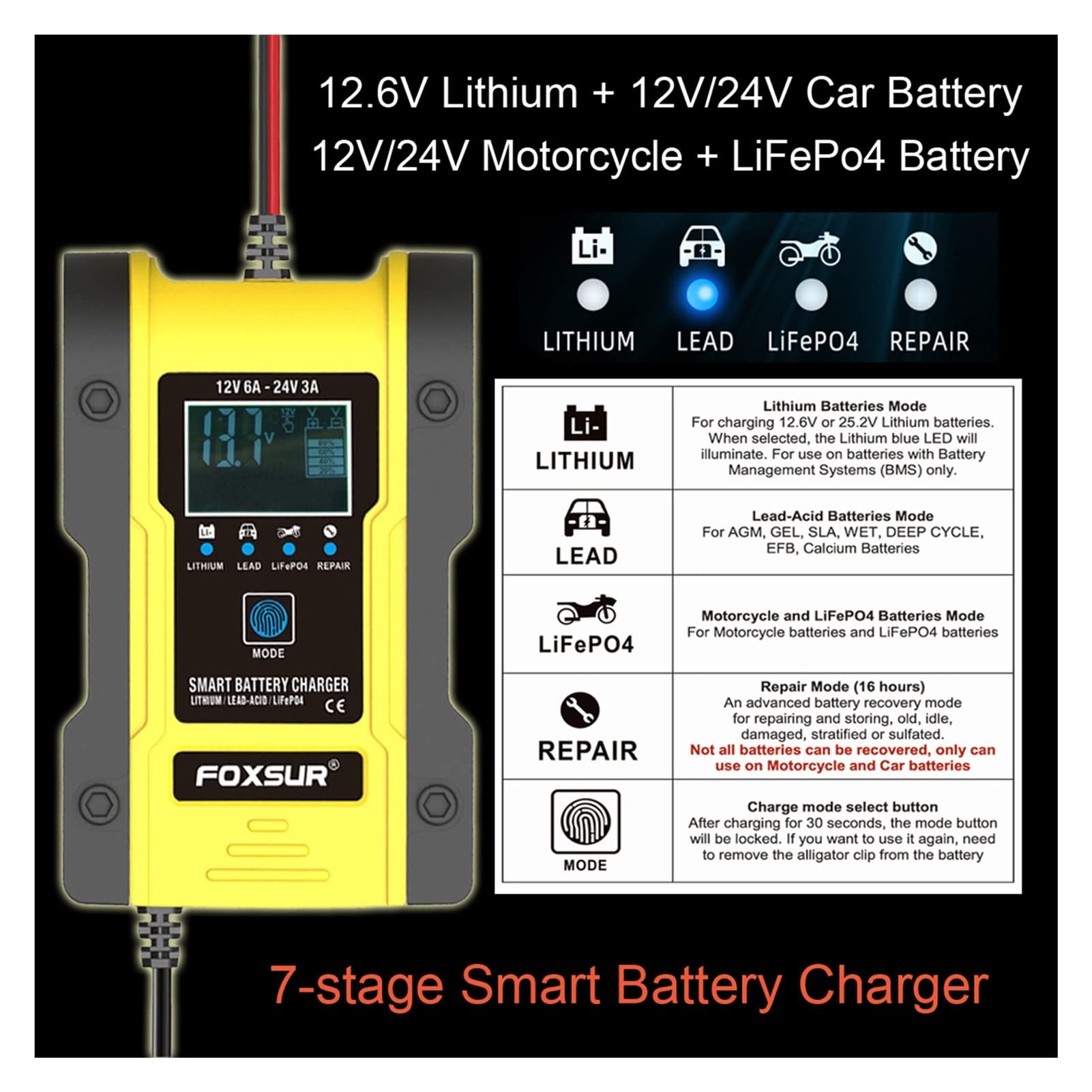 Chargeur de Batterie, Chargeurs de batterie de voiture 1 2V 6A 24V 3A Avec LCD Chargeur de réparation d'impulsions Gel AGM humide Chargeur de batterie d'acide plomb(2)