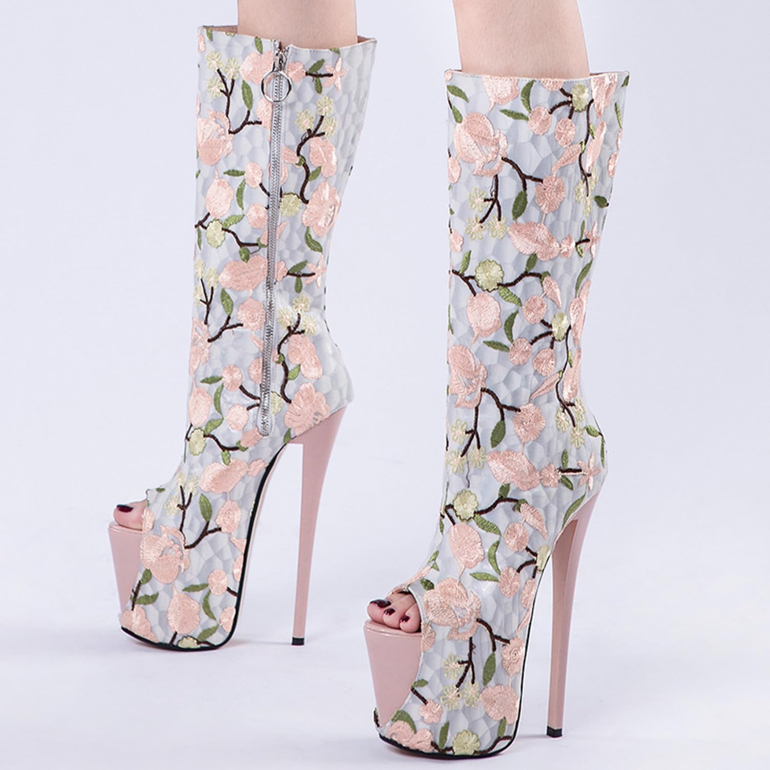 Bottes mi-Mollet brodées Vintage pour Plate-Forme Unisexe Super Stiletto Talon Haut Bout Ouvert Fermeture éclair Genou Bottes Hautes Sexy Fetish Party soirée Chaussures à Talons
