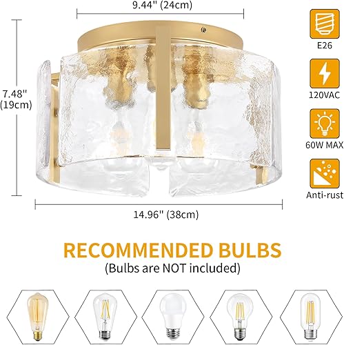 Miniatura 5 de Lámpara de techo moderna de montaje semiempotrado de 15 pulgadas, 3 lámparas de cristal de tambor, luces de techo para pasillo, entrada, vestíbulo,