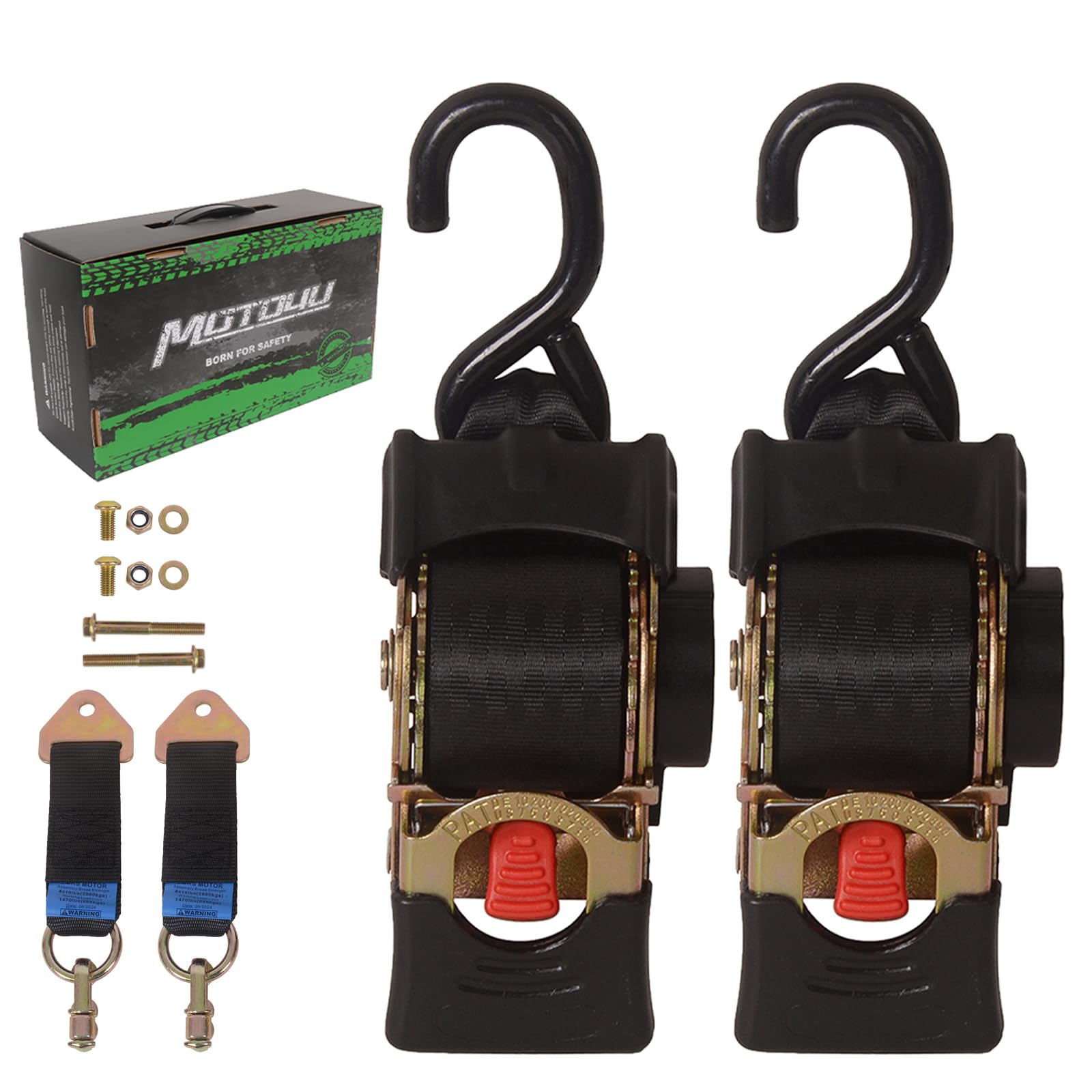 MOTO4U 2PCS Bolt on Retractable Ratchet Straps Heavy Duty Transom Straps (2" x 9') Boat Tie Down Straps Boat Trailer Straps with Extension Straps & Bolt Set for Boat ATV Trailers 3000LBS/1360KG