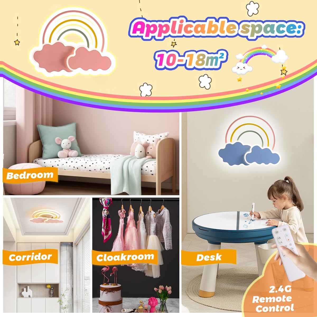 Led Kinder Deckenleuchte Wolken Regenbogen Deckenleuchte dimmbar mit Fernbedienung,Nachtlicht Funktion Kinderzimmer Schlafzimmer Wohnzimmer Junge Mädchen Schlafzimmer blau Deckenlampen 45cm
