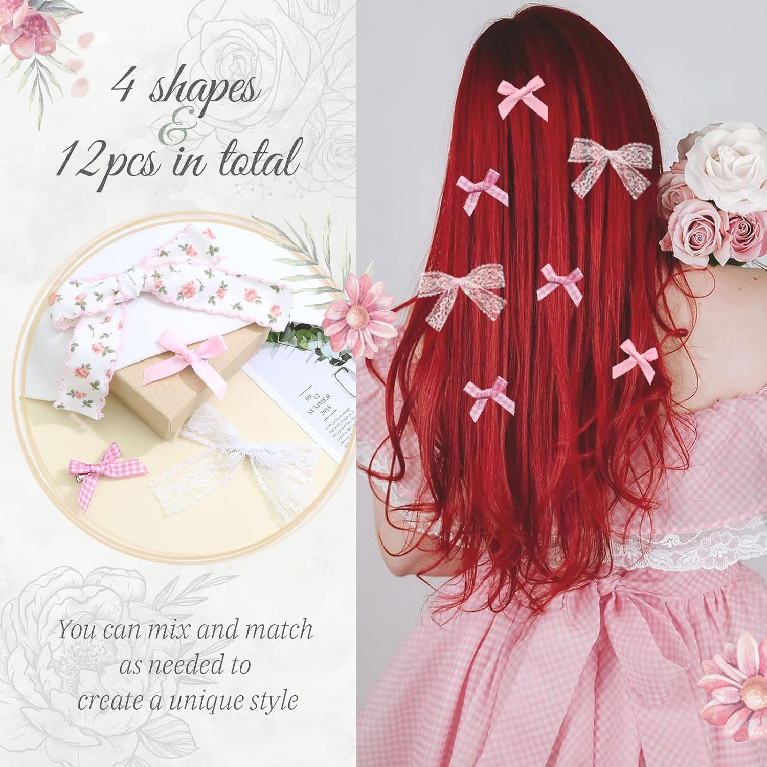 Pink Bow Clips 12PCS Coquette Hair Ribbon Floral Lace Plaid Mini Barrettes for Girls Cute Y2k image 5