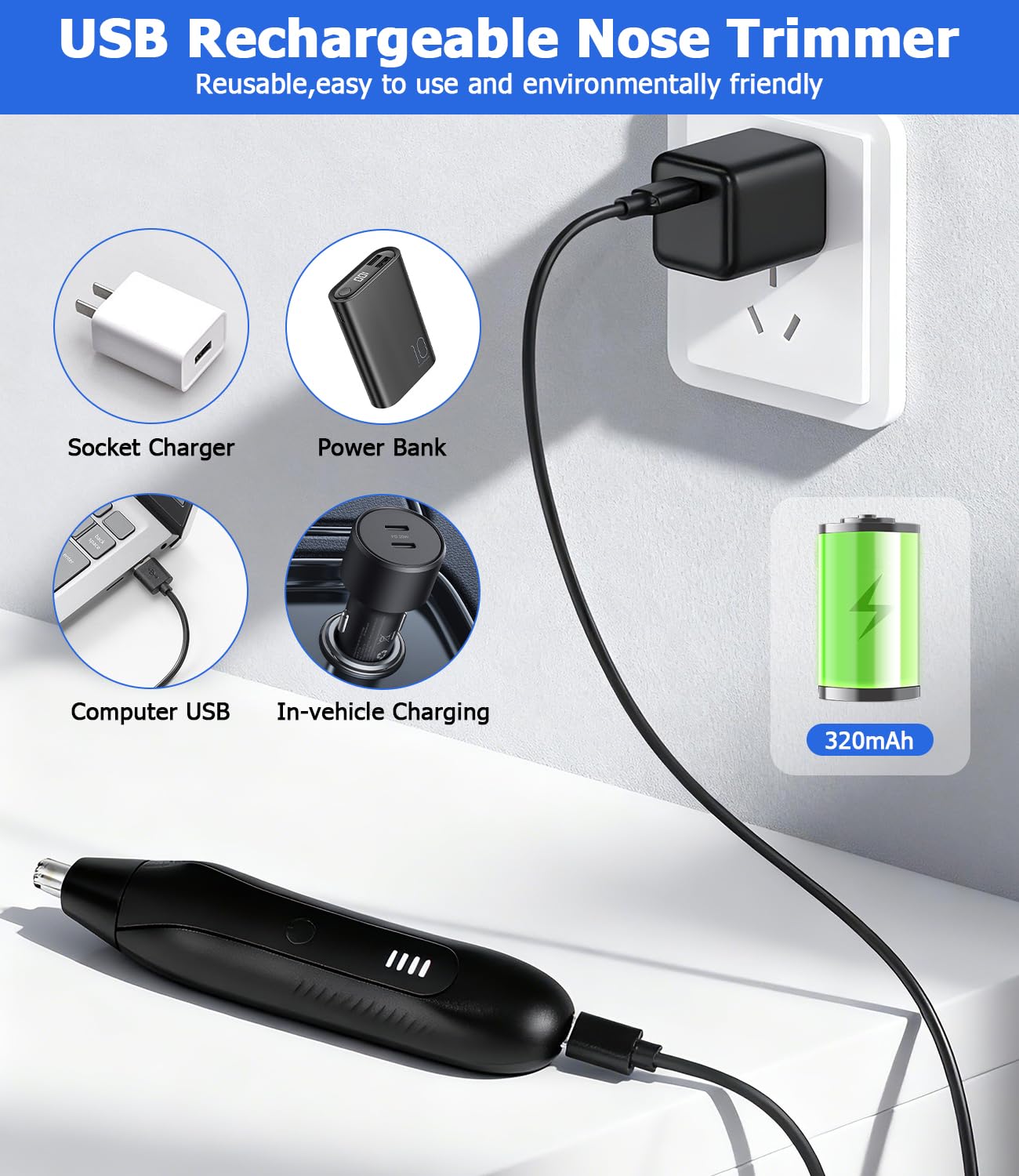 Profesjonalny trymer do nosa i uszu 2 w 1 LED USB, maszynka do golenia metalu