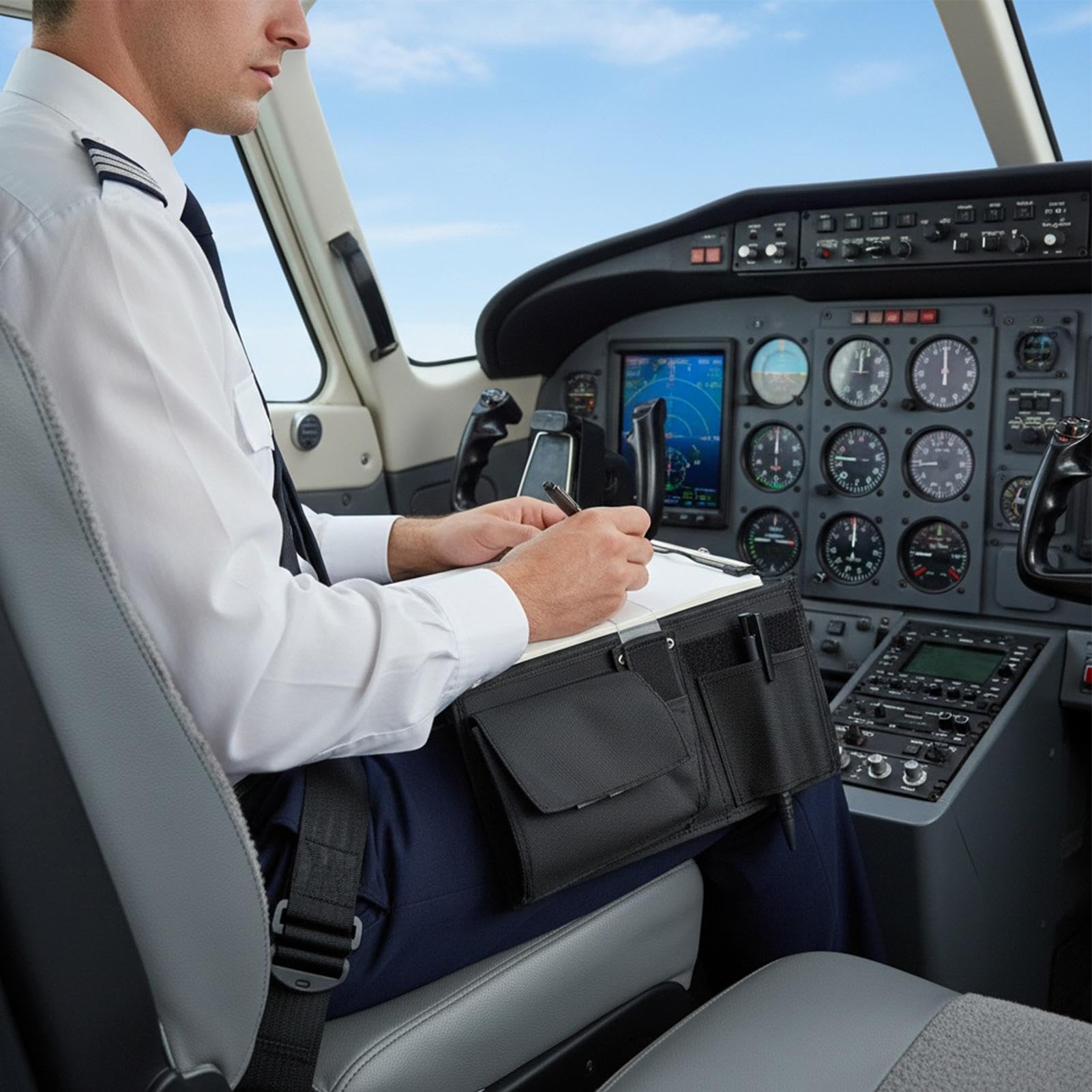 Aviation Pilot - Genouillère avec sangle de jambe - Noir - 7 fentes - Pour le genou - Porte-bloc - 20,5 x 34 cm - Tissu Oxford et polypropylène - Pour manuels, graphiques, cartes, documents