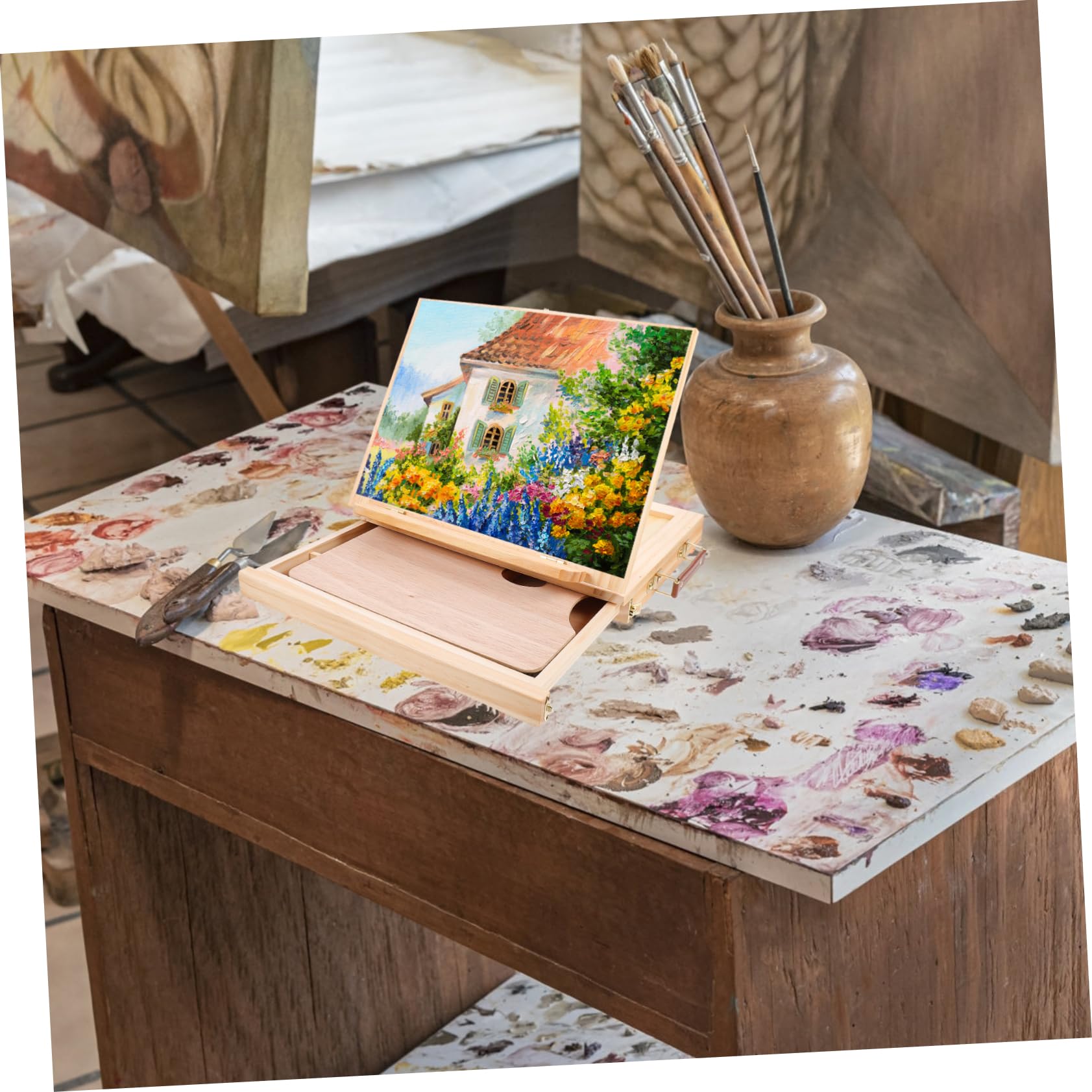 Operitacx Faltbarer Tisch Easel mit Schublade Holz Tragständer für Malerei Displayhalter und Präsentationsständer Naturholzfarbe