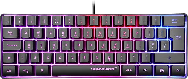 Sumvision Seeker Destroyer 60% Percent Gaming Keyboard | Multi Coloured RGB LED Backlit | Mechanical Feel Gaming Keyboard TKL | USB Wired Mini Keyboard |Apple Mac Windows 11 PC | UK Layout UK Support