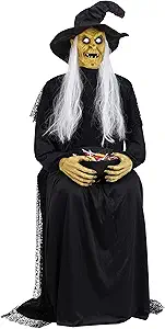 Fun Costumes Seated Witch Animatronic Holding Candy Bowl | Motion Activated Halloween Animatronic with Screaming and Laughing Sound Effect