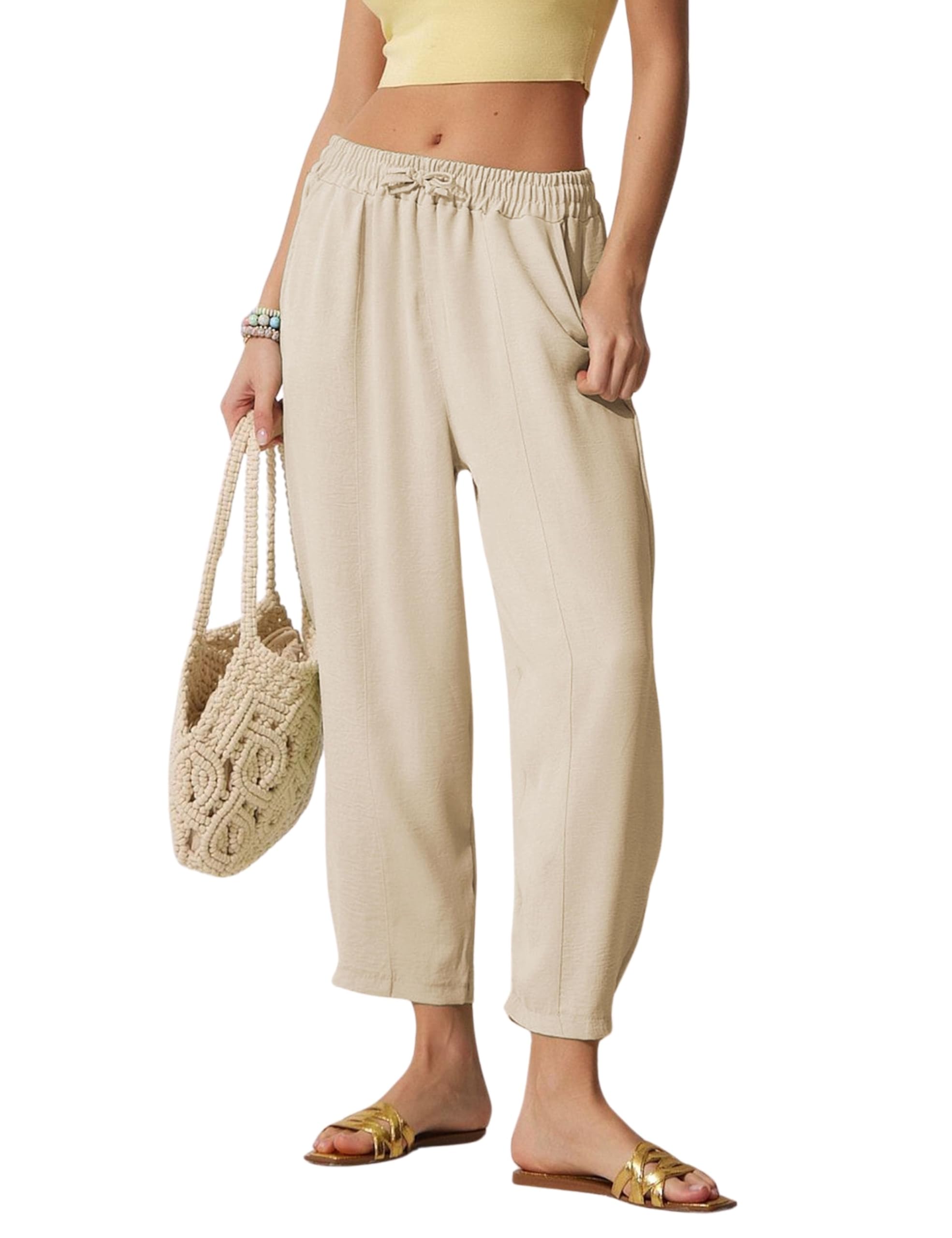 Lviefent Women Wide Leg Capri Pants Casual Elastic Waist Cropped Beach Palazzo Barrel Pants with Pockets Beige-XL